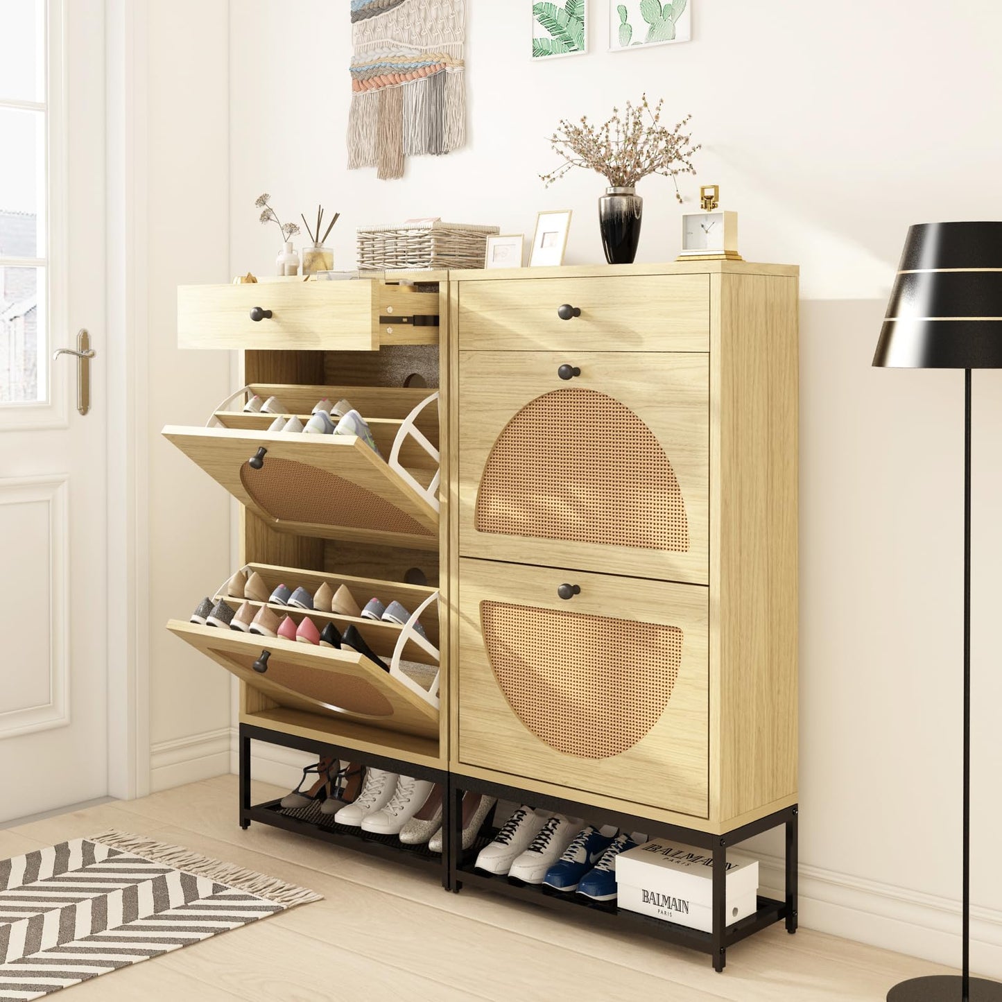 AWQM natural rattan shoe cabinet corridor freestanding shoe rack