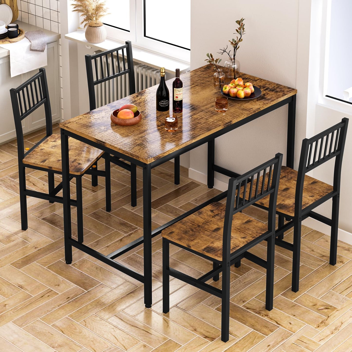 AWQM Industrial Wooden Metal Frame Dining Table and Chairs for 4 Persons