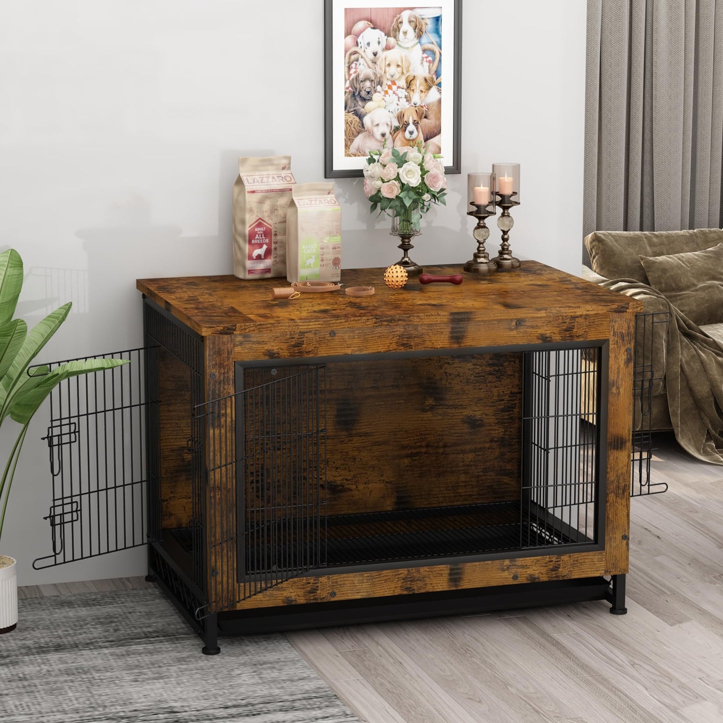 AWQM wooden dog crate furniture with pull out tray, three door dog kennel