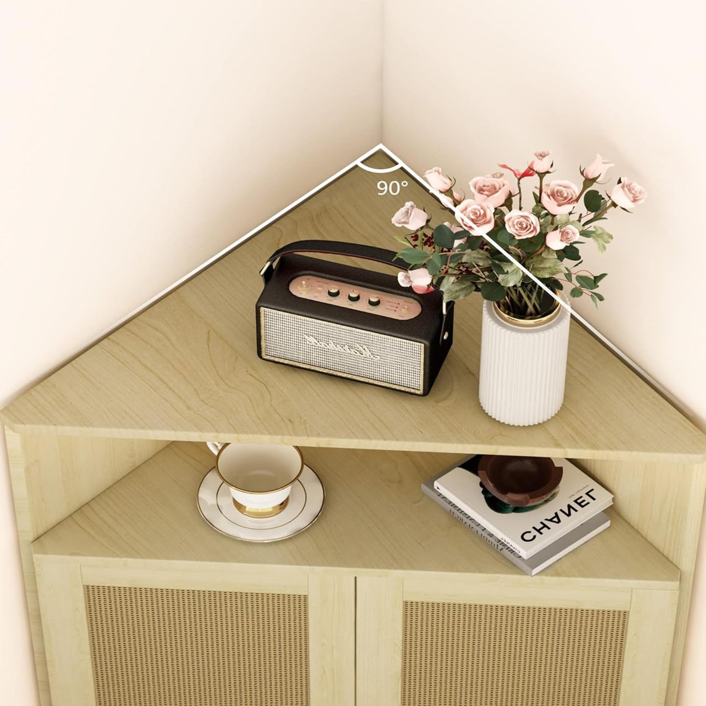 AWQM 4-Tier Corner Cabinet with Doors and Shelves, Rattan Freestanding Bar Storage