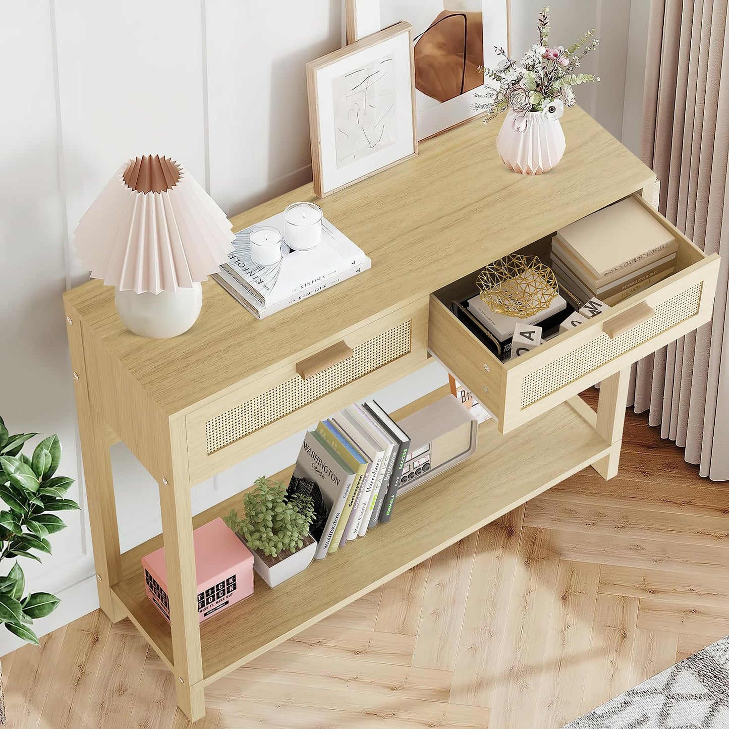 AWQM Rattan Entryway Table Narrow Entryway Table with 2 Drawers