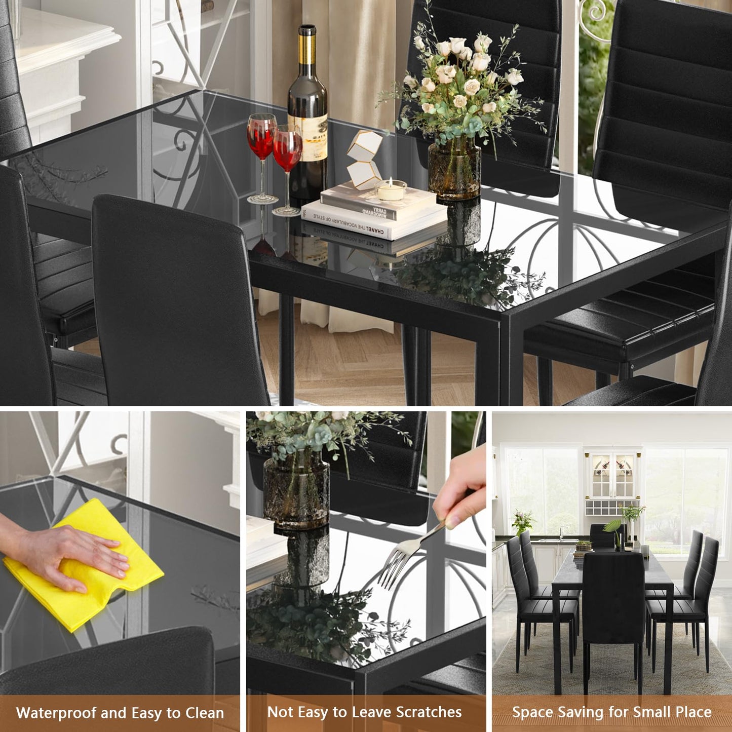 AWQM Glass Dining Table, Set of 7, Dining Table for 6