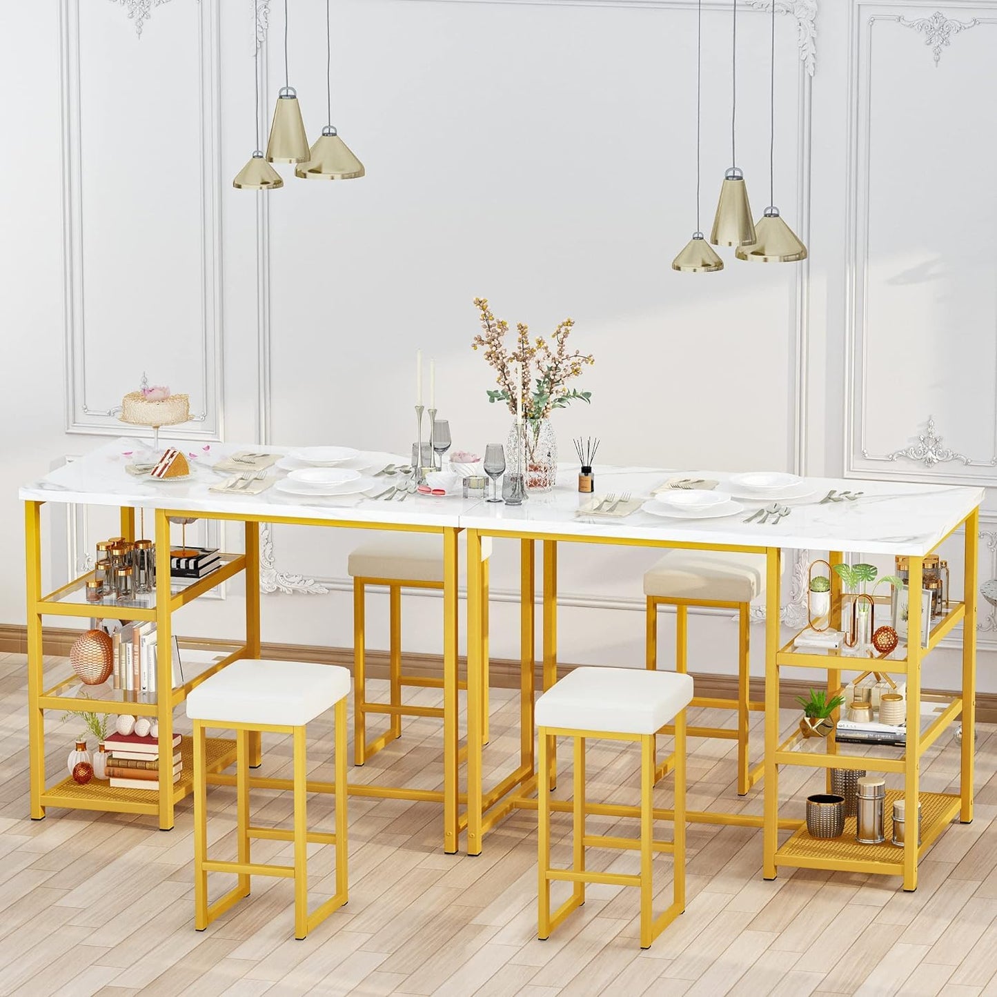 AWQM Marble Kitchen Island Bar 3 Piece Dining Table Set for 2 with 2 Velvet Stools