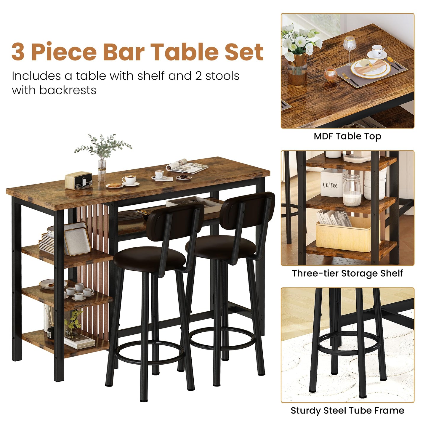 AWQM Kitchen Counter 2 Person Industrial Dining Set
