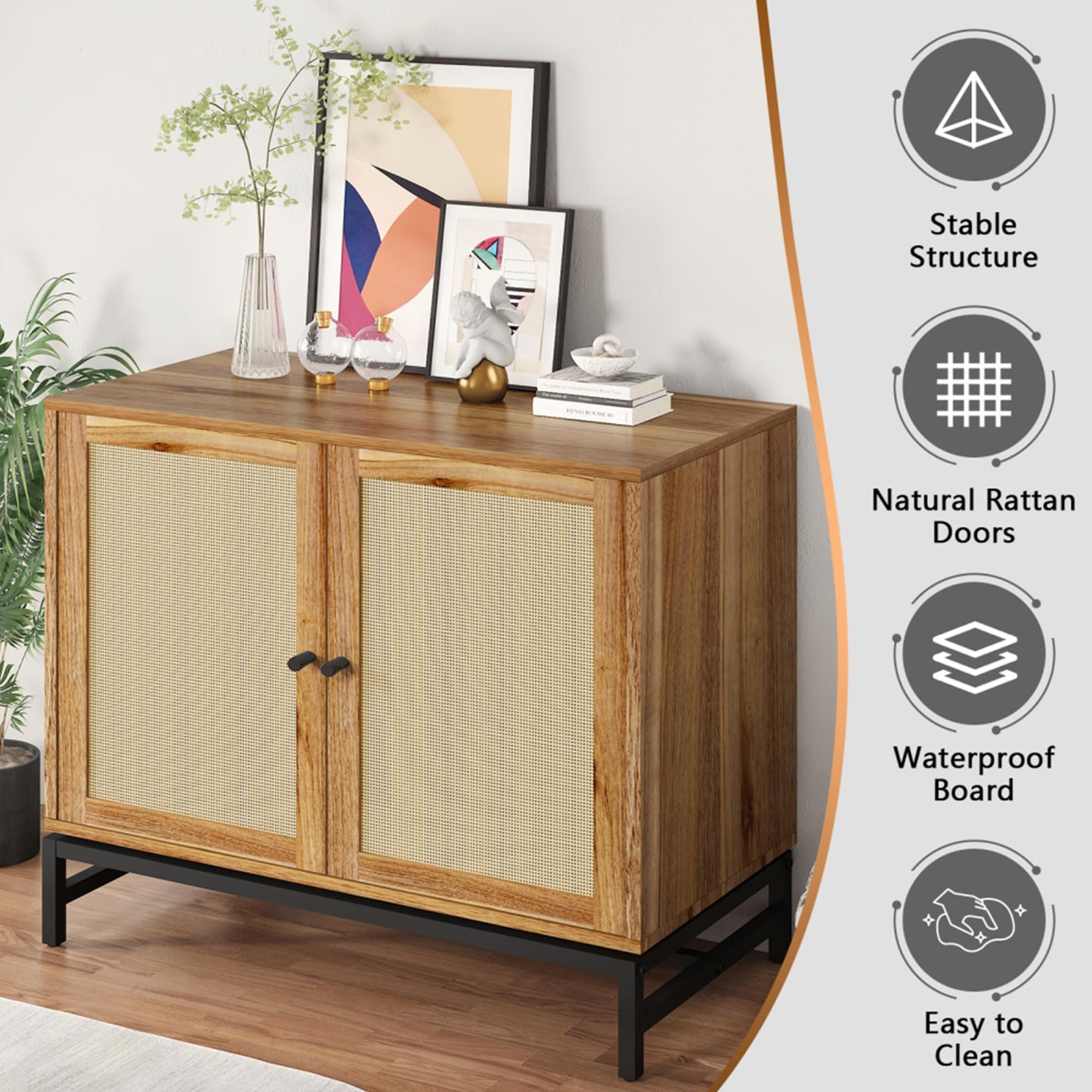 AWQM Industrial Wooden Door Rattan Storage Cabinet Metal Legs