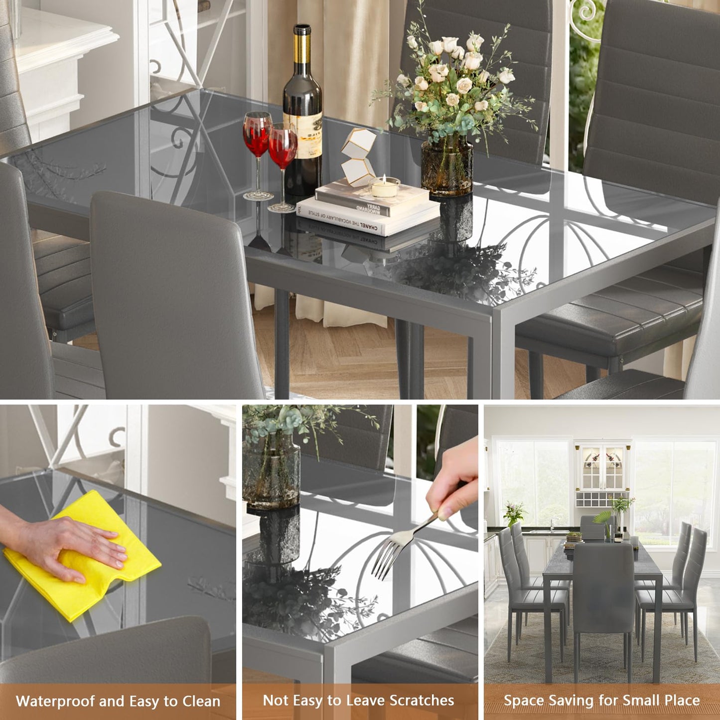 AWQM Glass Dining Table, Set of 7, Dining Table for 6