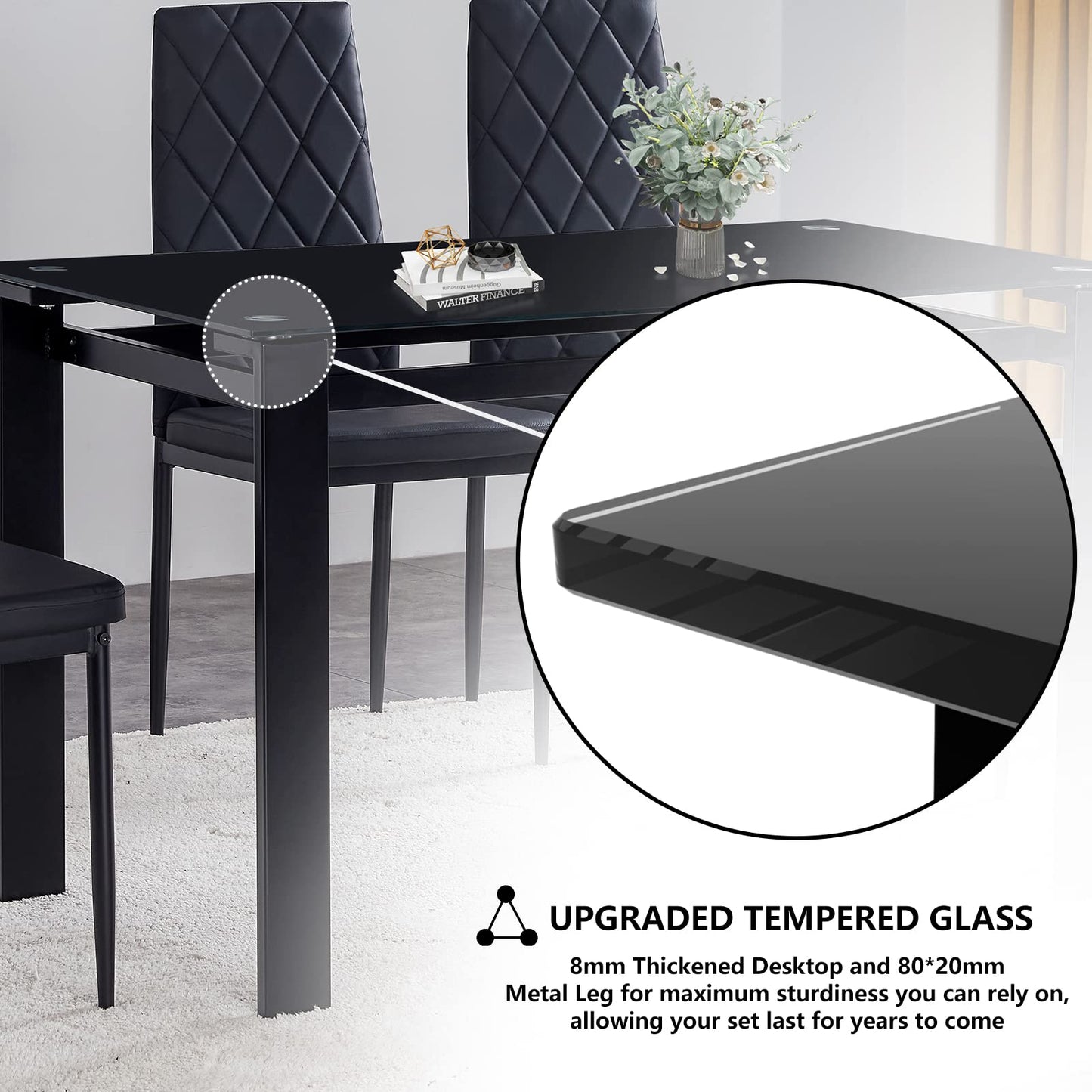 AWQM Tempered Glass Kitchen Dining Table 7 Piece Set 6 Dining Table