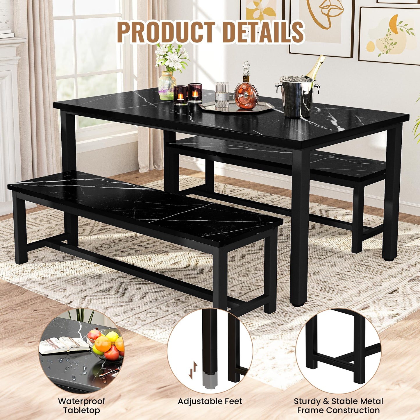 AWQM 47" Dining Table with Bench, Dining Table Set for 4-6 People