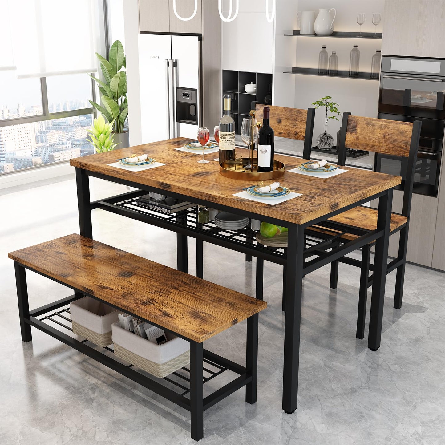 AWQM industrial wooden 4-piece kitchen dining table set for 4 people