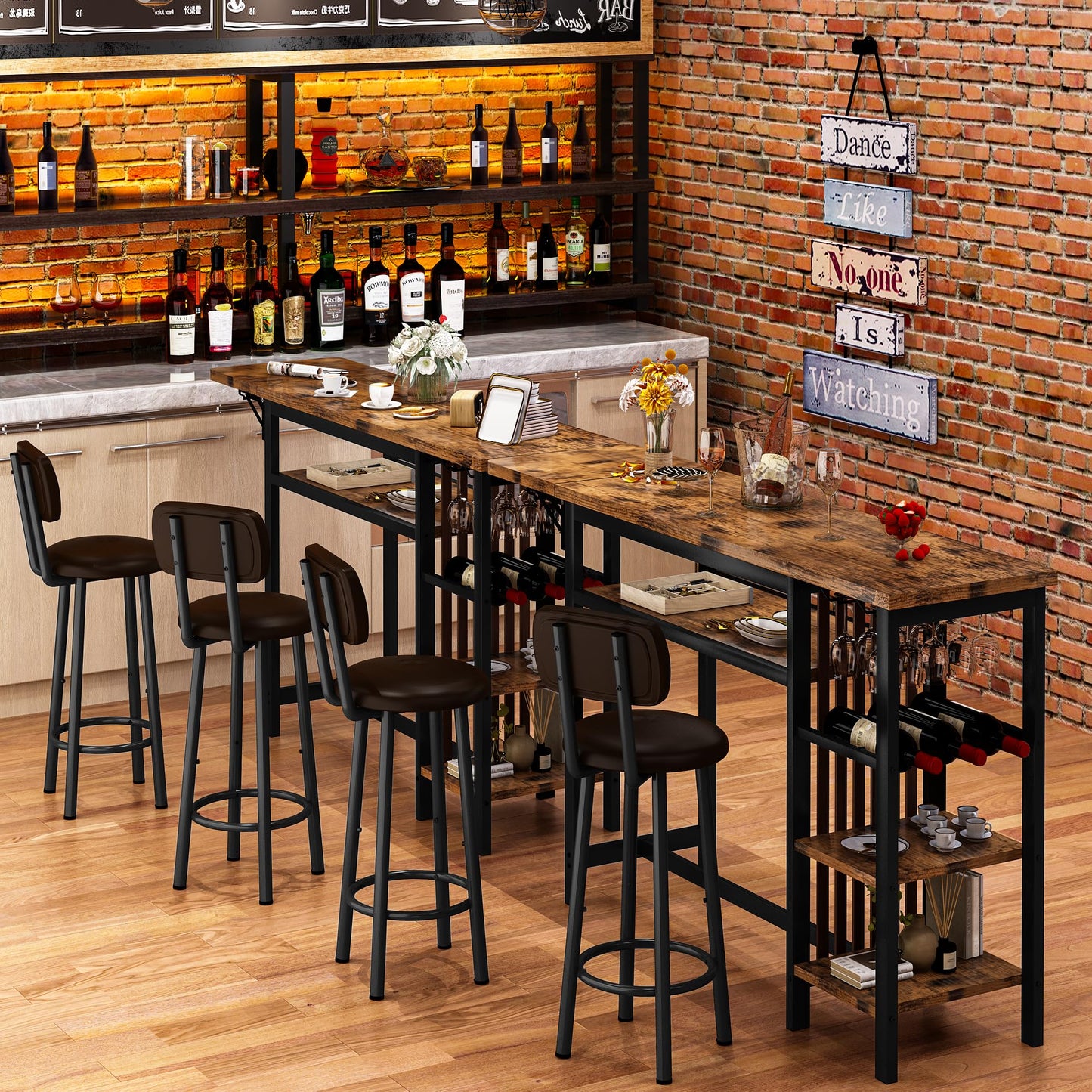 AWQM industrial wood bar table and chairs set, dining table for 2