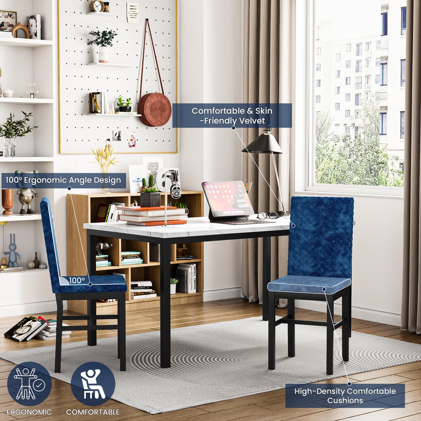 AWQM Modern Marble Kitchen Dining Table and Chairs 6 Person Dining Velvet Stools