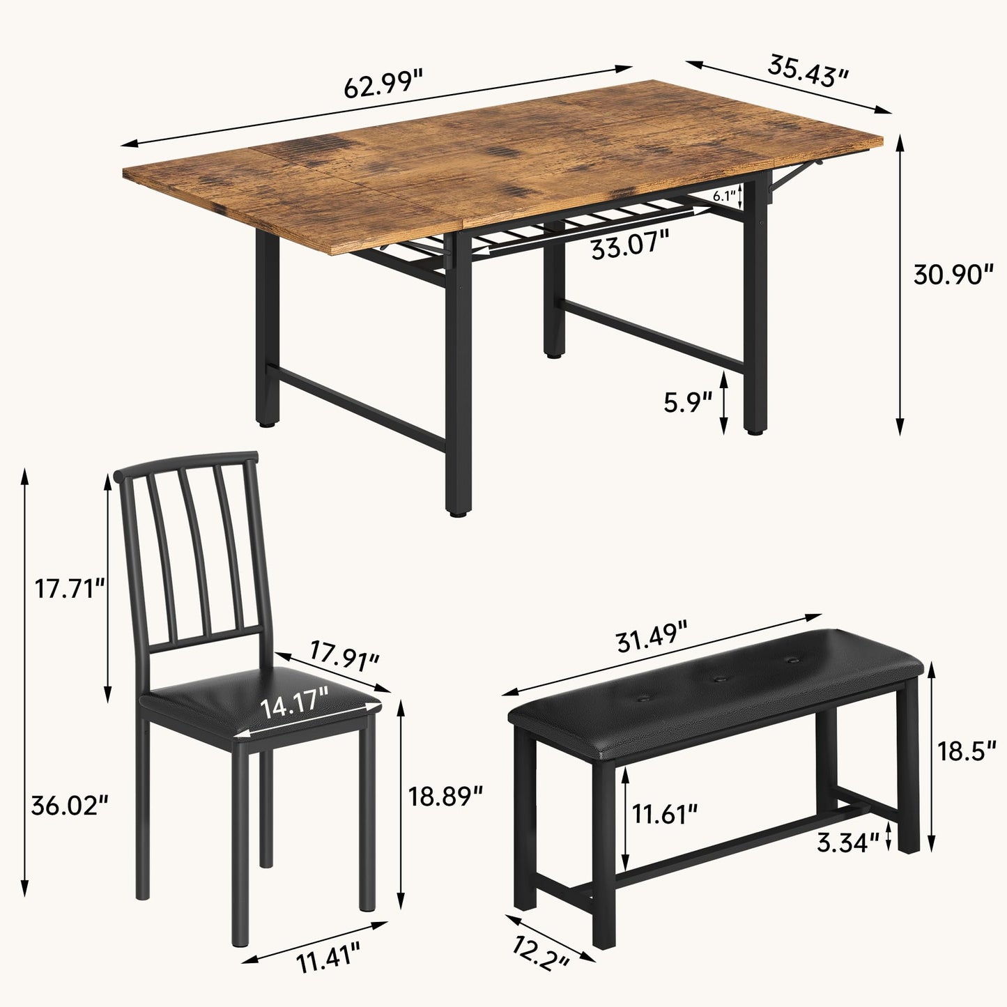 AWQM Industrial Wood 4-Piece Faux Wood Folding Leaf Dining Table Set with Storage Rack