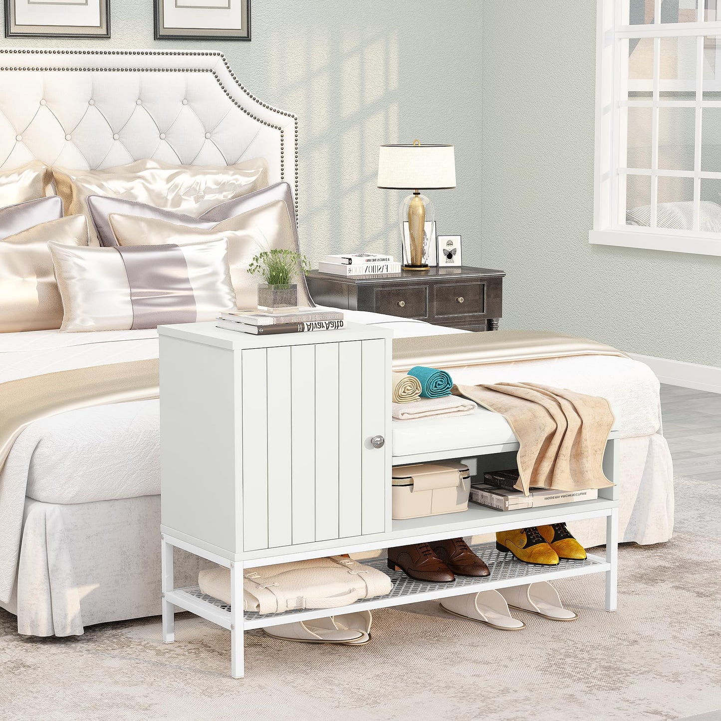 AWQM Modern Shoe Stool with Removable Upholstery and Cabinet Entryway Stool
