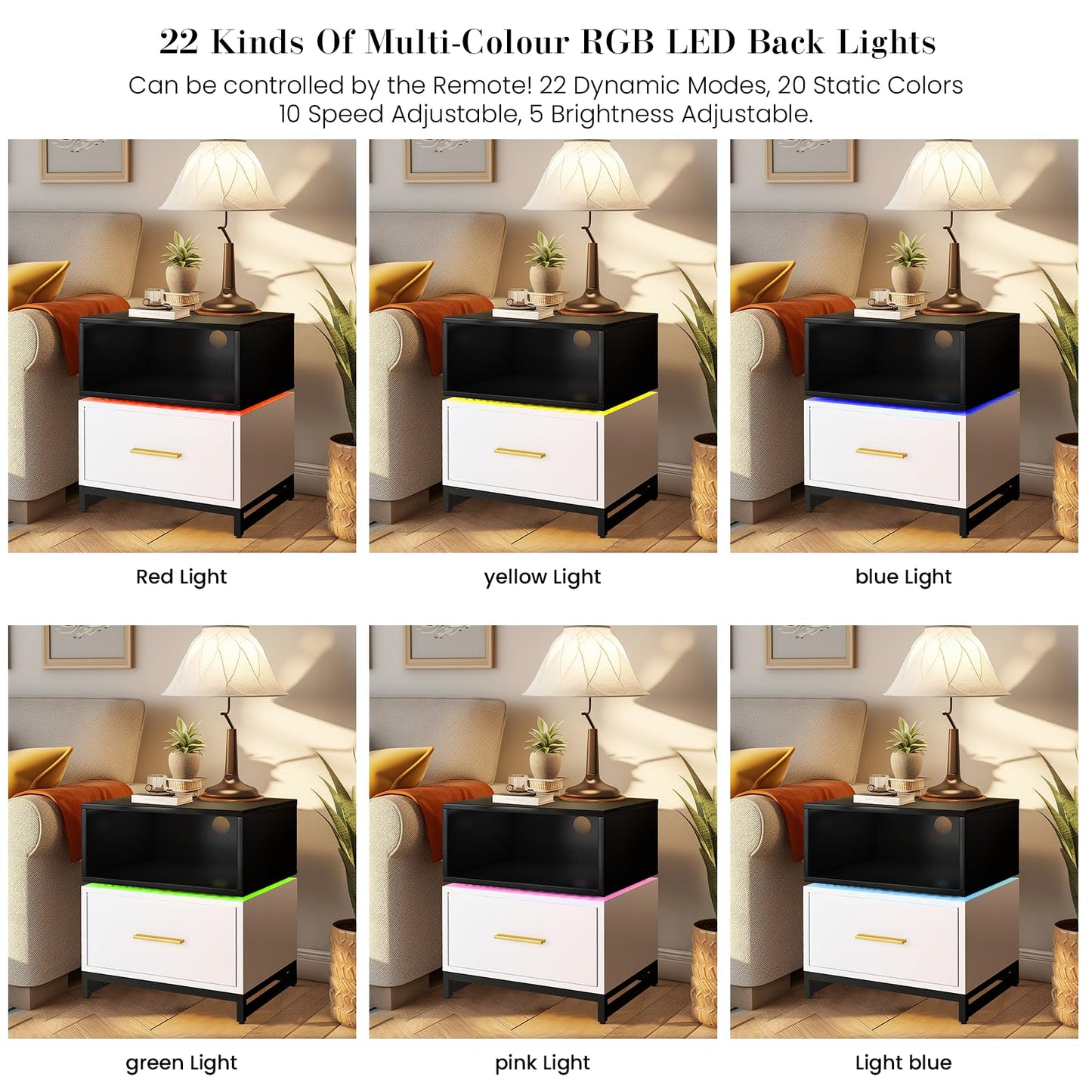 AWQM Nightstand with Charging Post, Modern 7 Color LED Nightstand