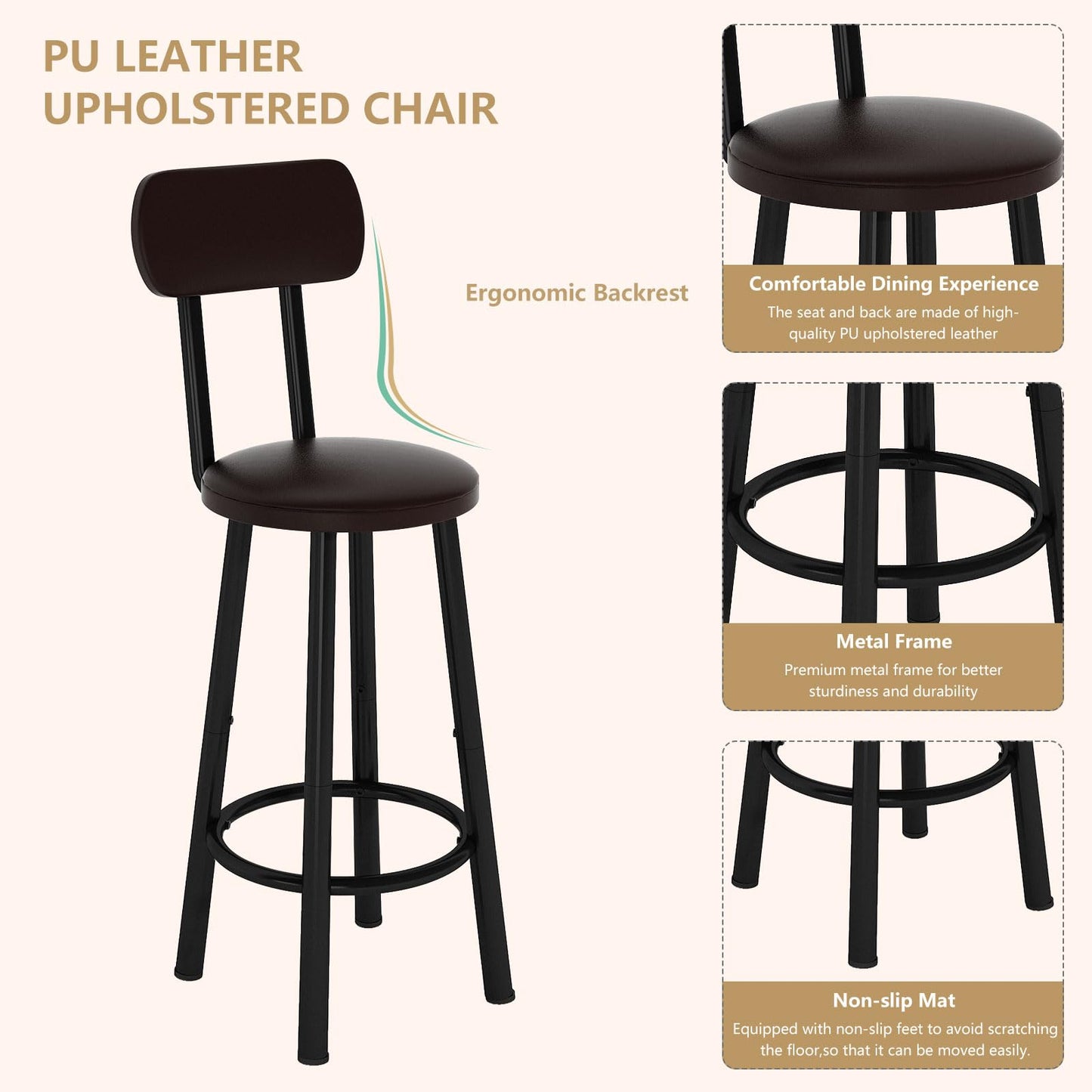 AWQM, 47-Inch Rectangular Kitchen Marble Table and Chair Set with PU Leather Stools