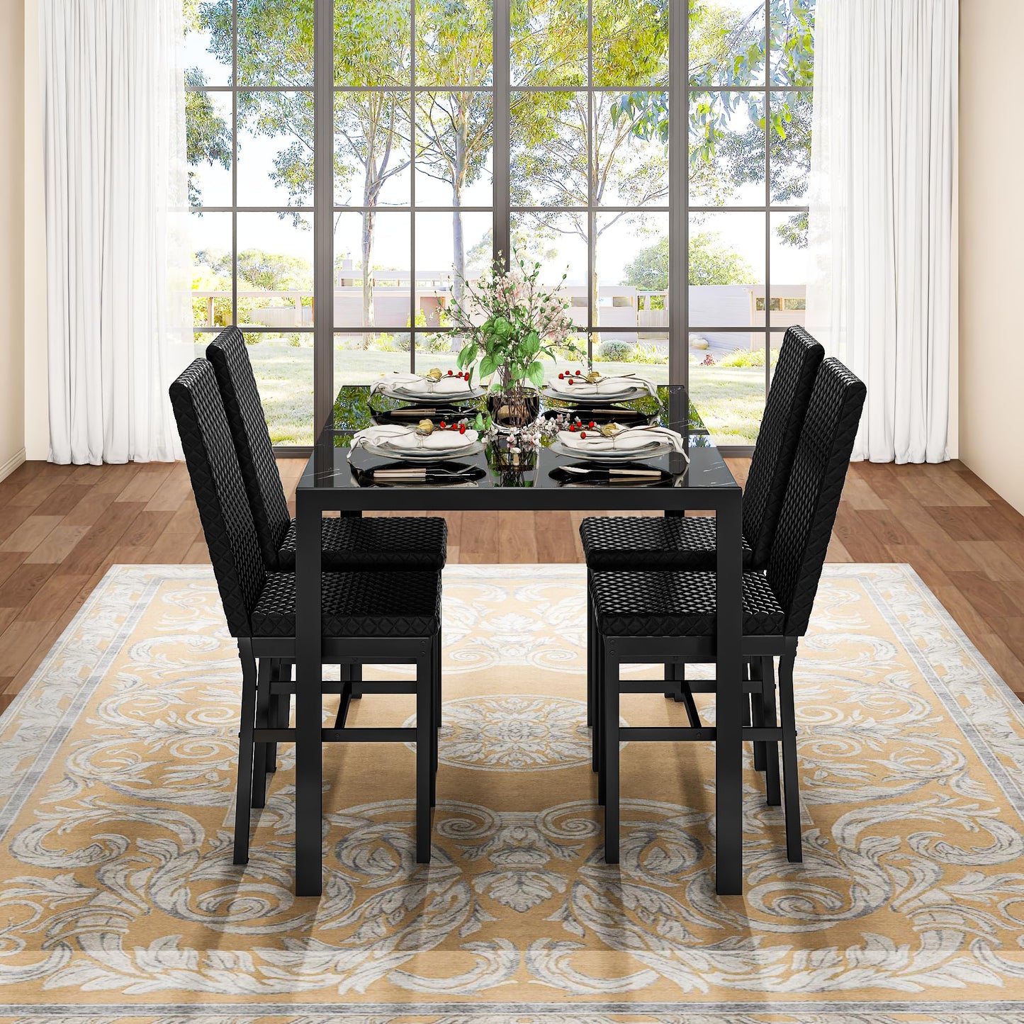 AWQM Glass Dining Table and Velvet Dining Chairs 4-Person Dining Table Set
