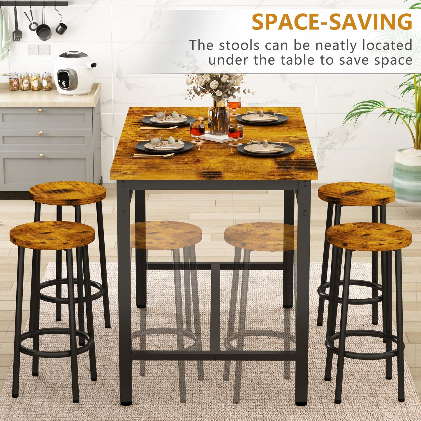 AWQM Small Industrial Wooden Dining Table Set for 4