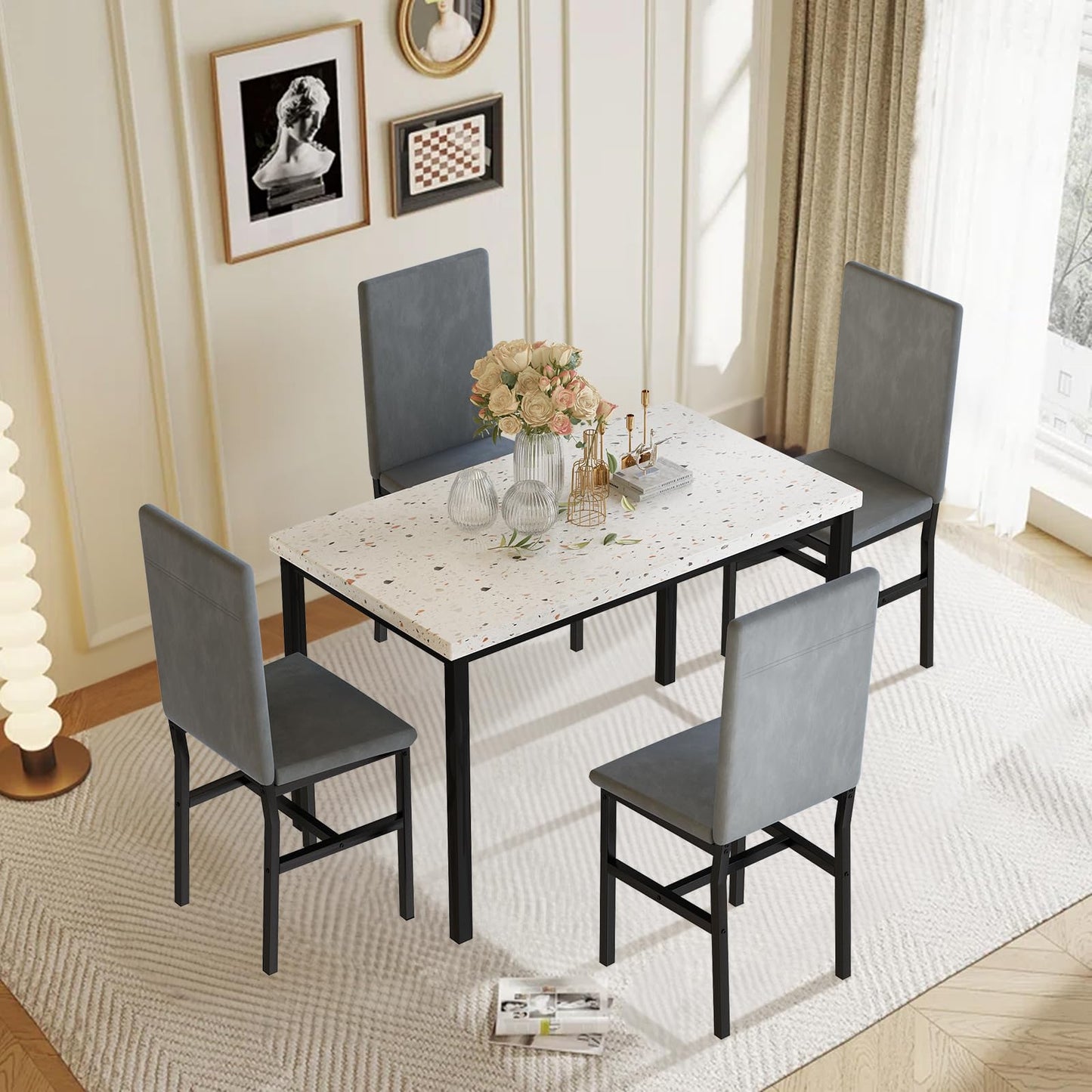 AWQM Modern Style Faux Marble Velvet Chairs Dining Table for 4