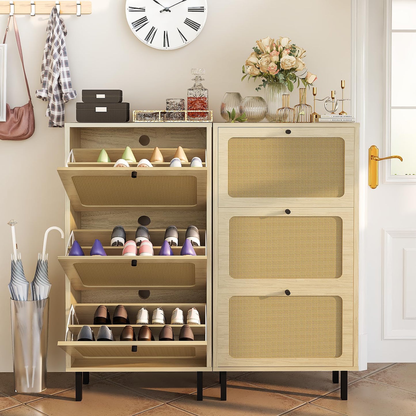 AWQM Freestanding shoe cabinet with 3 rattan flip-up drawers