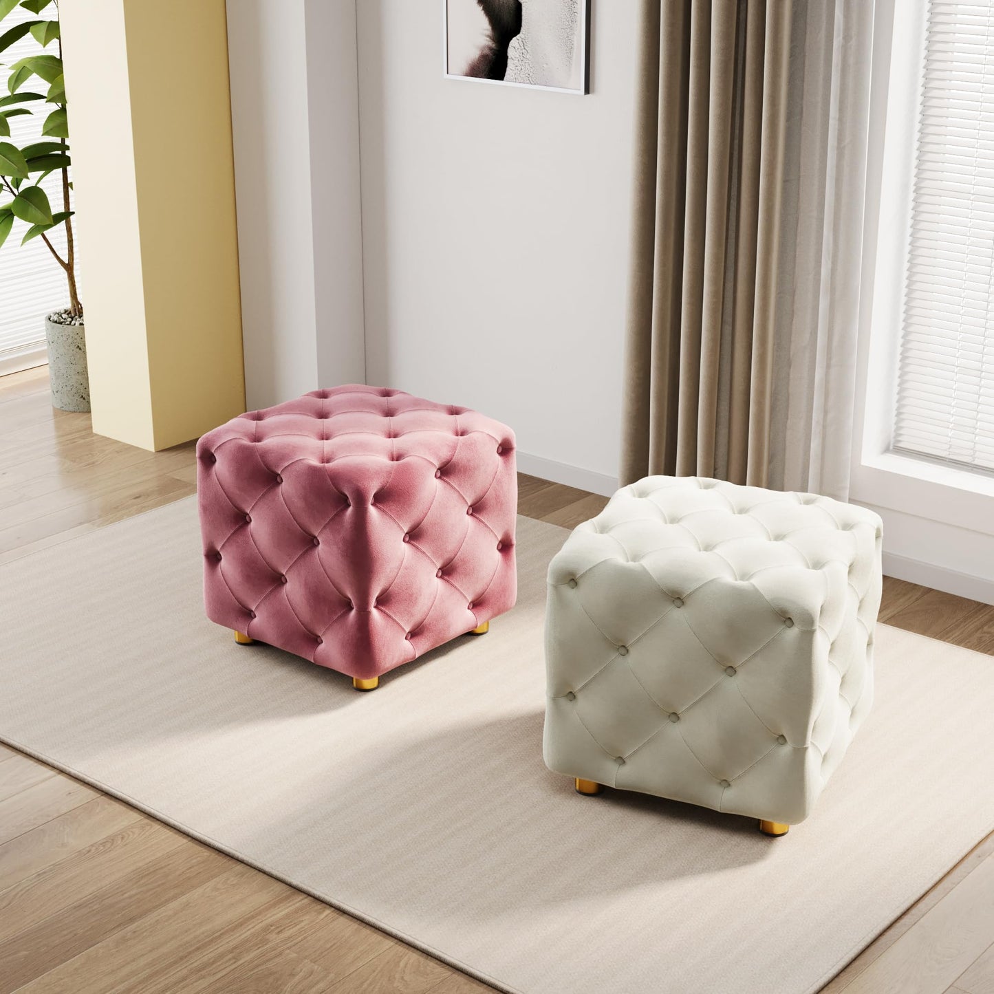AWQM Small Velvet Ottoman, Modern Versatile Square Footstool with Metal Legs