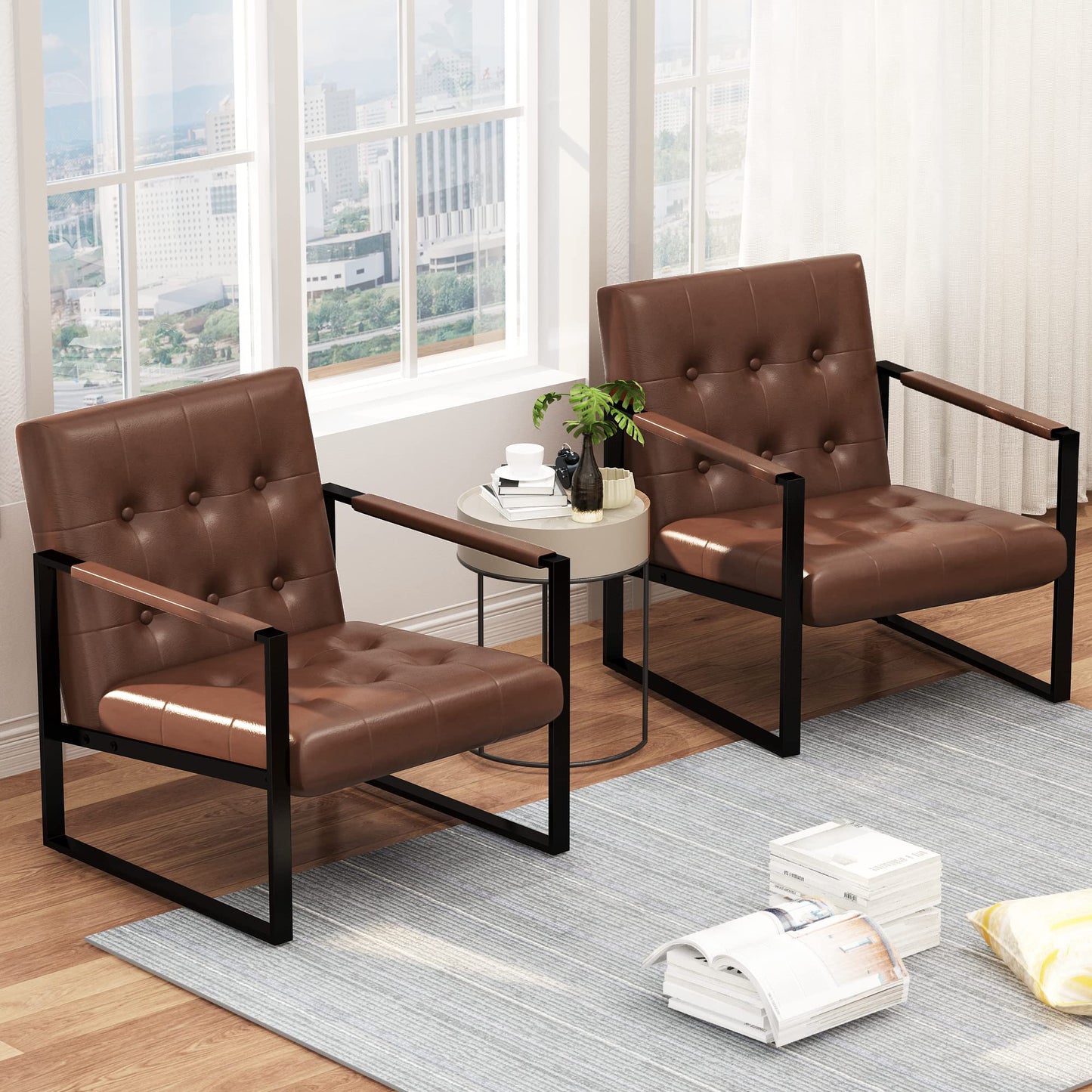 AWQM Mid-Century Armrest Tufted Faux Leather Upholstered Chair