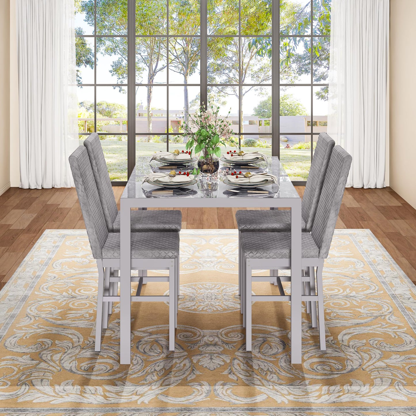 AWQM Glass Dining Table and Velvet Dining Chairs 4-Person Dining Table Set