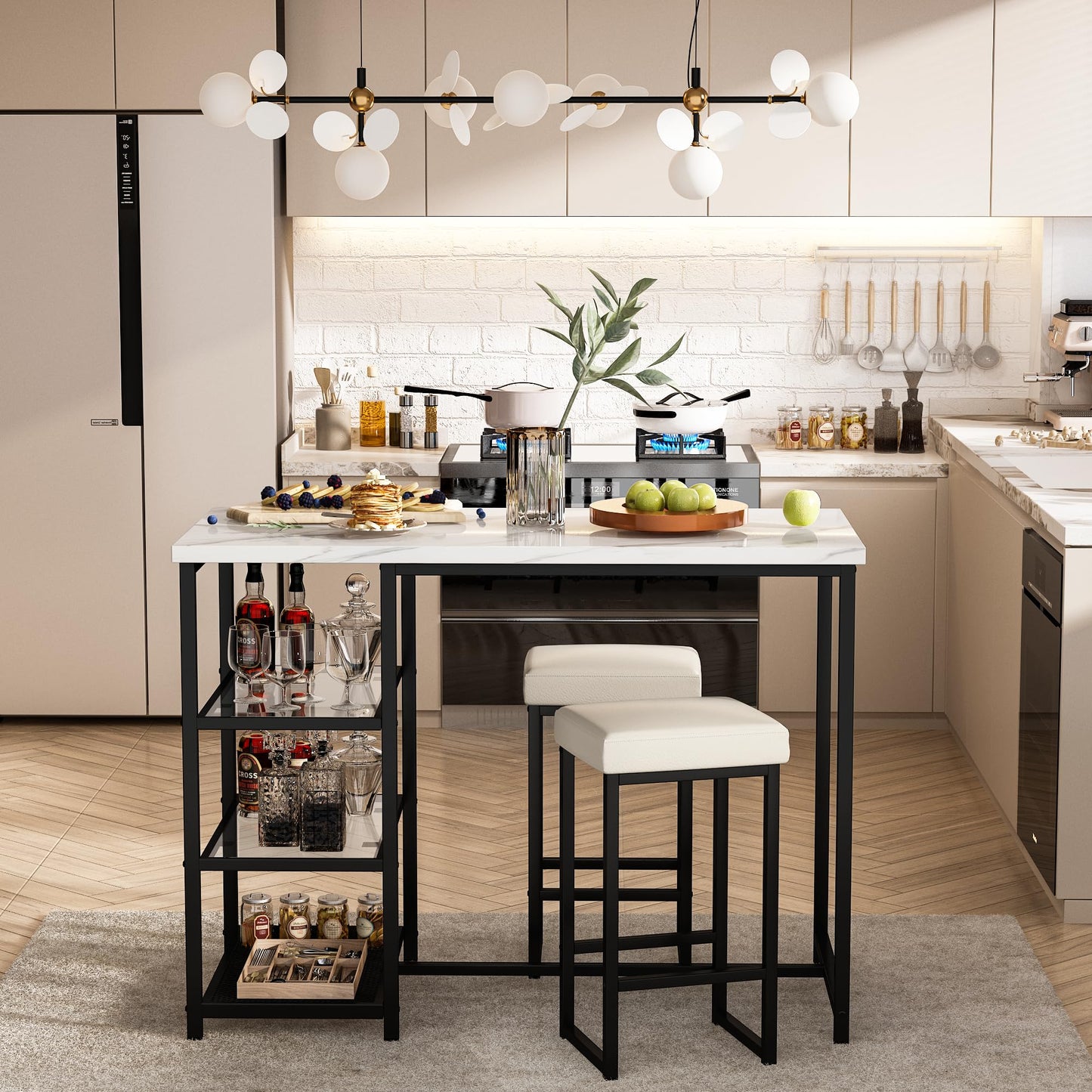 AWQM Marble Kitchen Island Bar 3 Piece Dining Table Set for 2 with 2 Velvet Stools