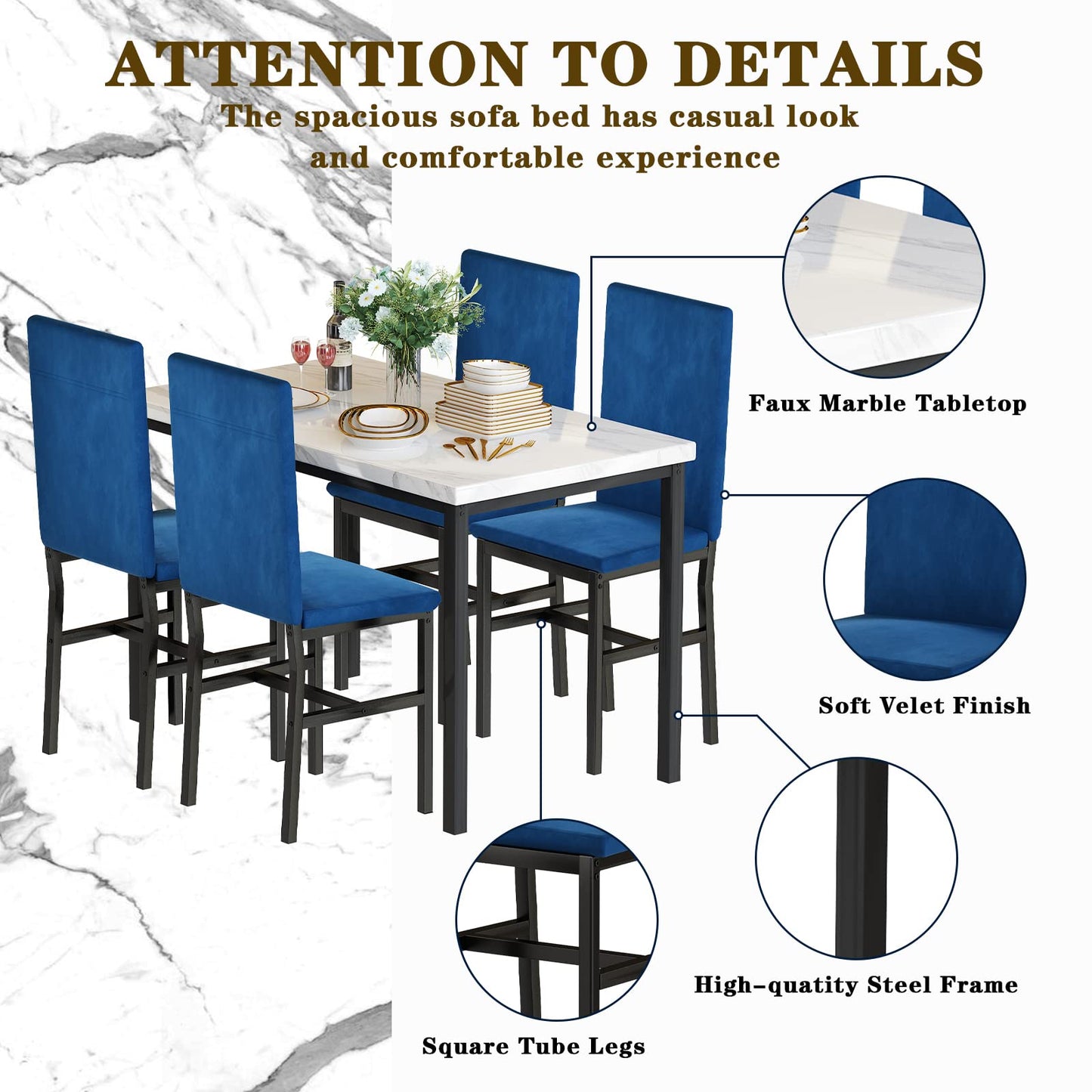AWQM Modern Style Faux Marble Velvet Chairs Dining Table for 4