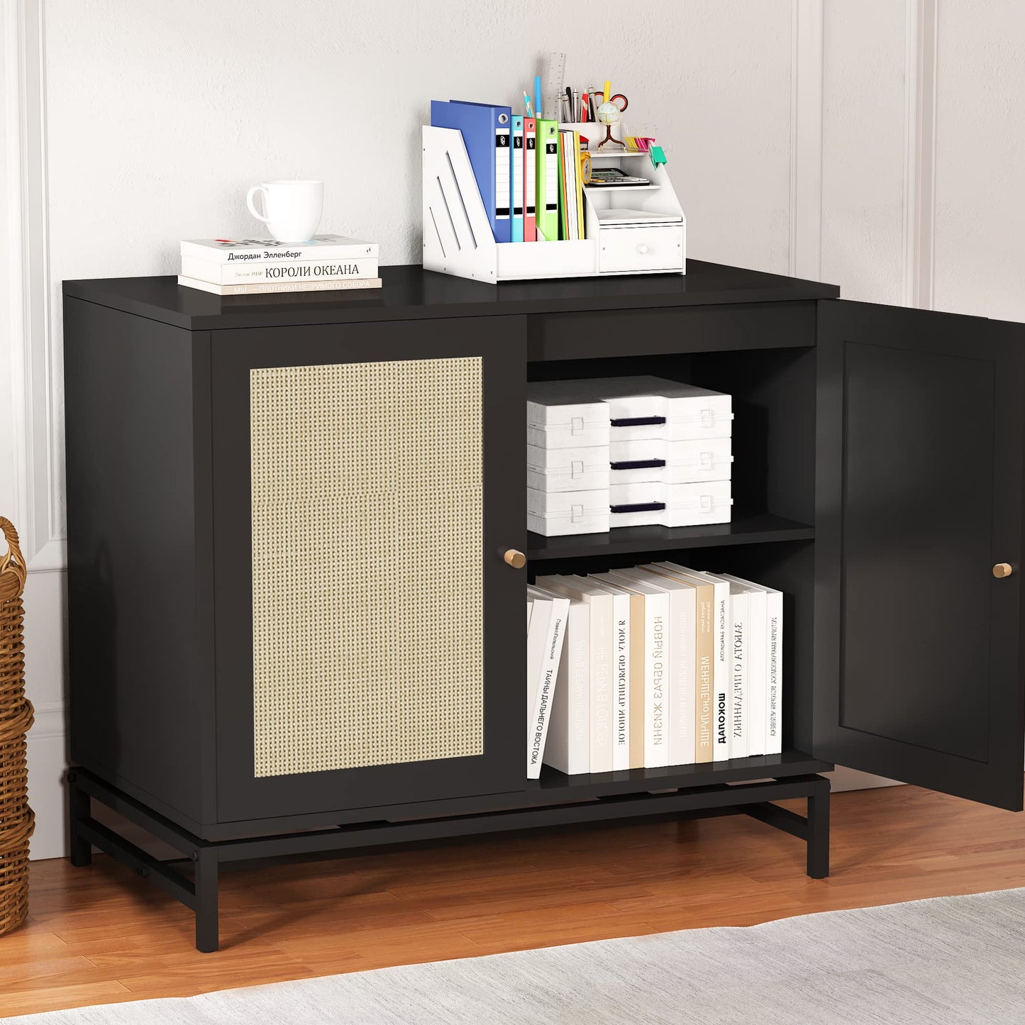 AWQM Industrial Wooden Door Rattan Storage Cabinet Metal Legs
