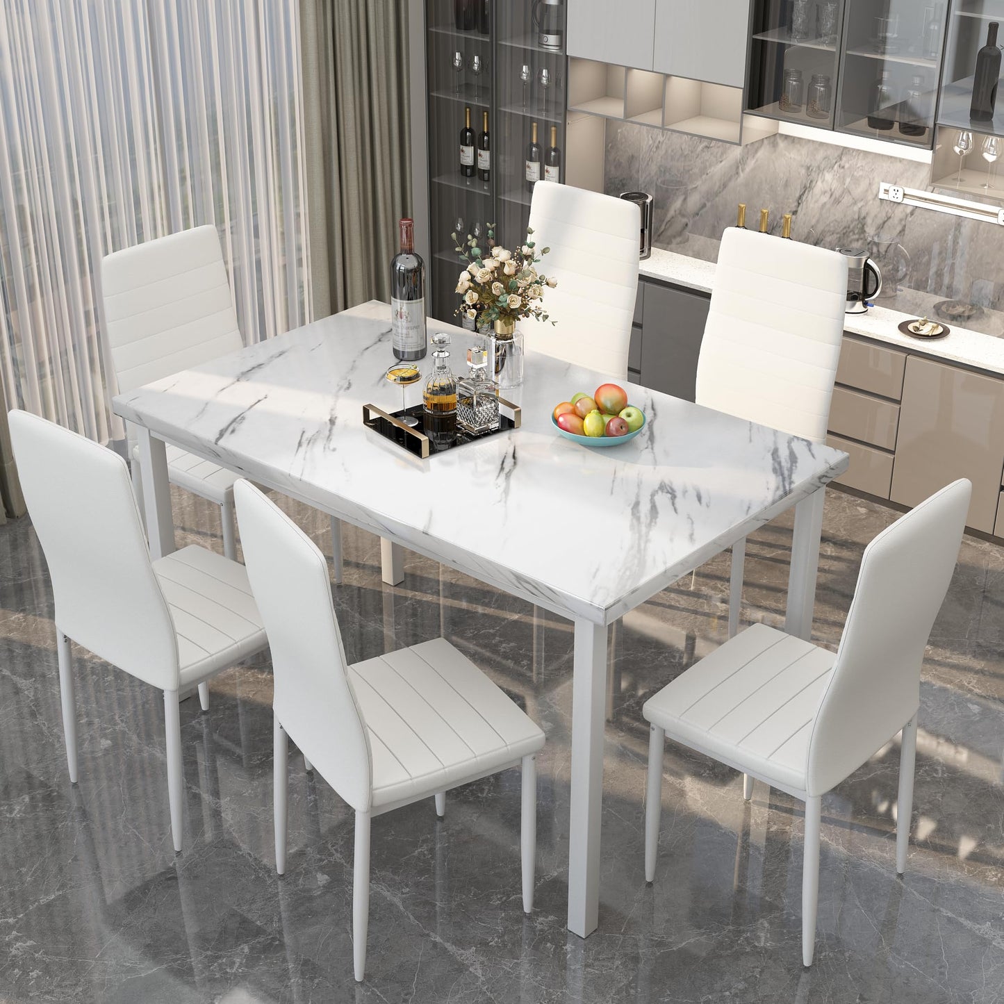 AWQM Modern Marble Dining Table Set for 6 7 Piece Kitchen Table and Chairs