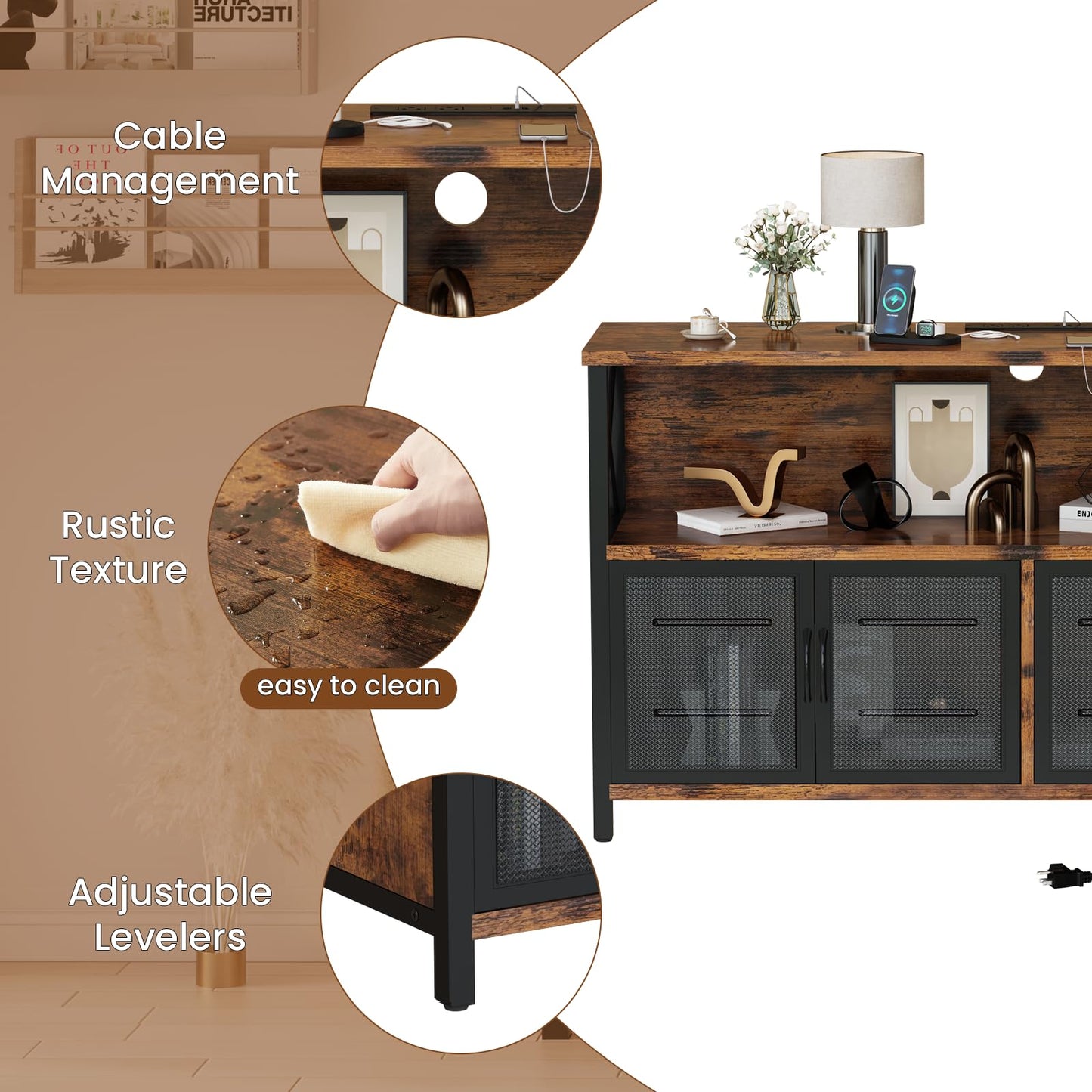 AWQM Retro Kitchen Freestanding Storage Cabinet with Power Socket and USB Port