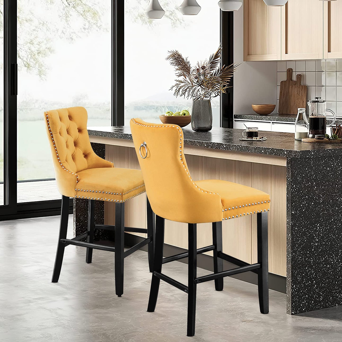 AWQM Velvet Tufted Wine Cooler High Bar Stool Set of 2