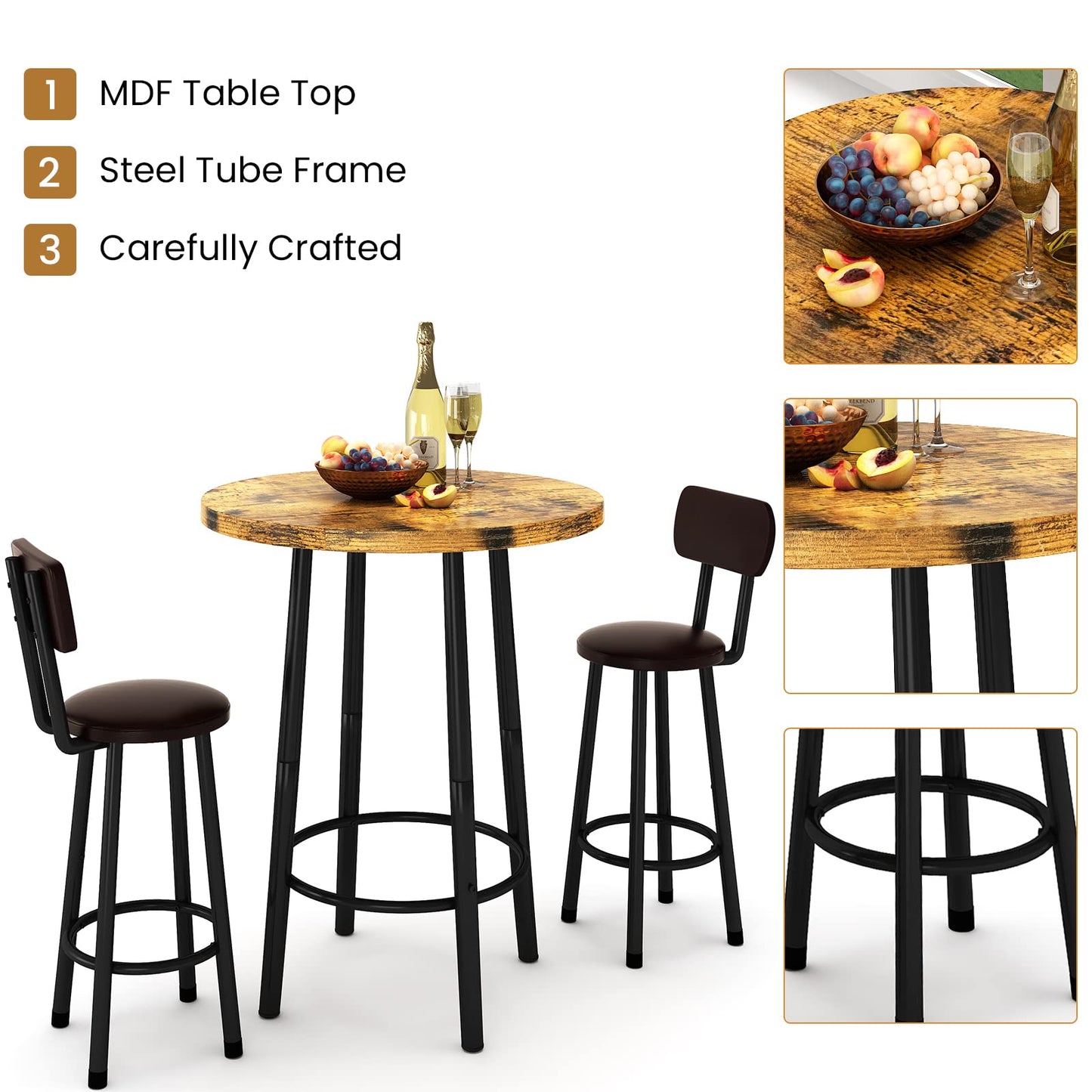 AWQM  Industrial Wooden Pub Dining Set of 3, Modern Pub Table for Two