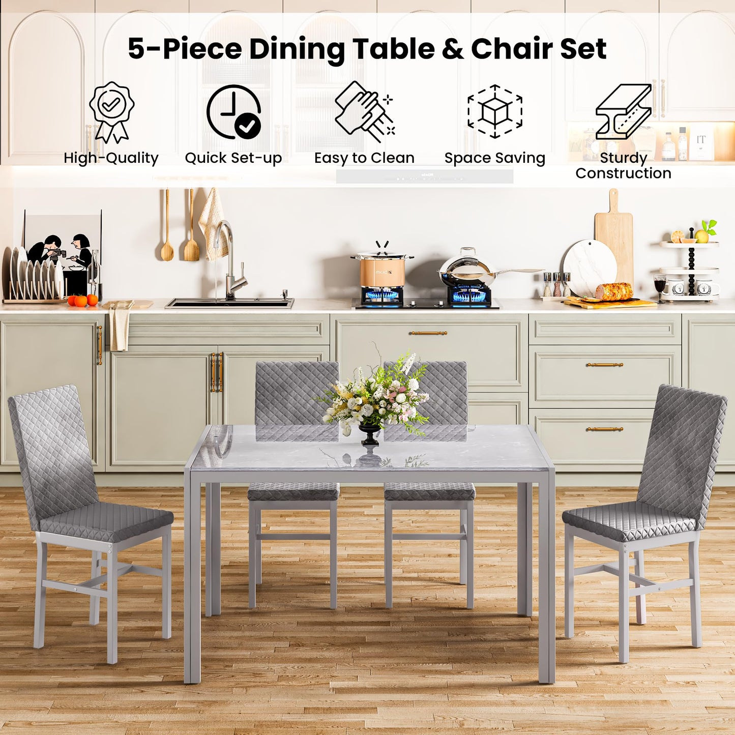 AWQM Glass Dining Table and Velvet Dining Chairs 4-Person Dining Table Set