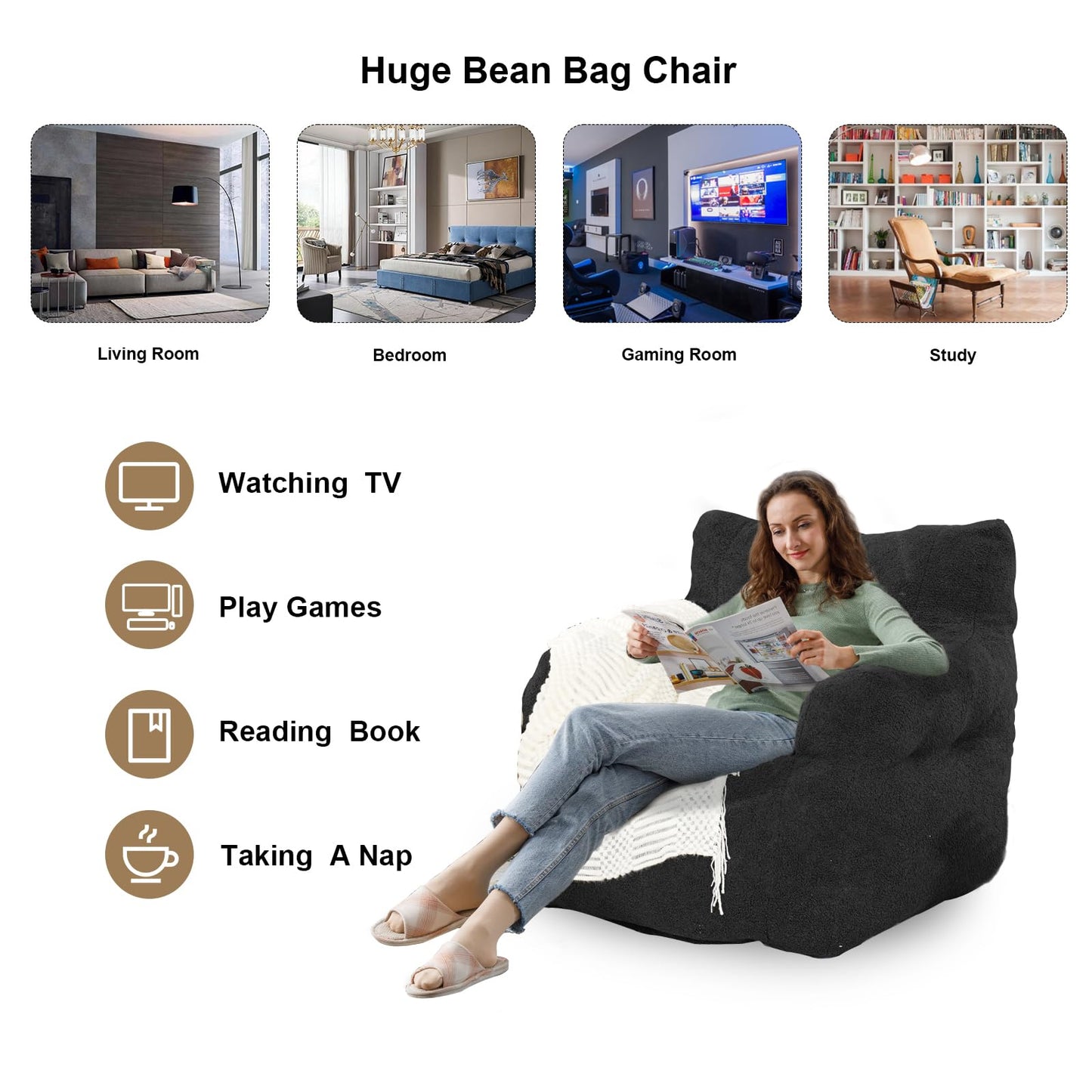 AWQM adult bean bag chair, fur bean bag sofa, memory foam large bean bag chair