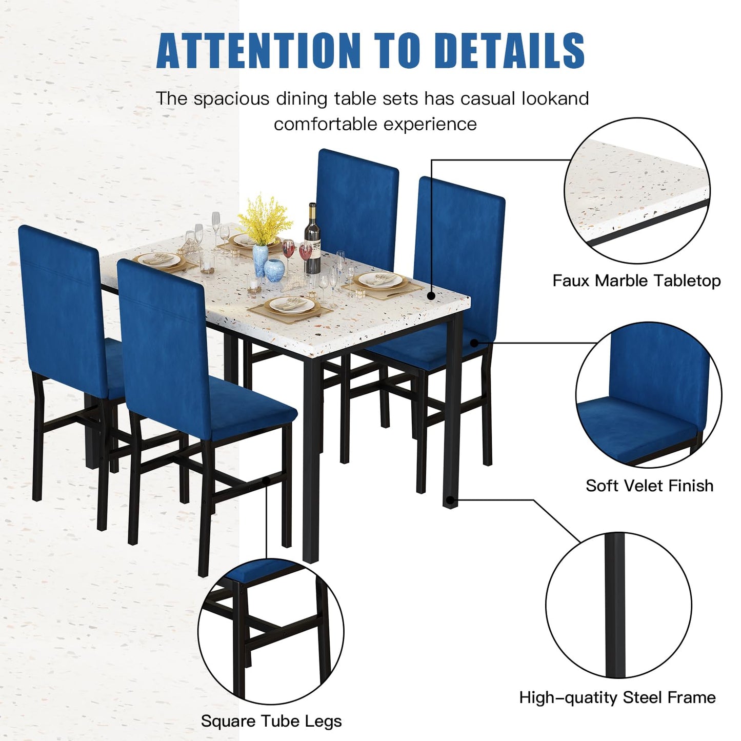 AWQM Modern Style Faux Marble Velvet Chairs Dining Table for 4