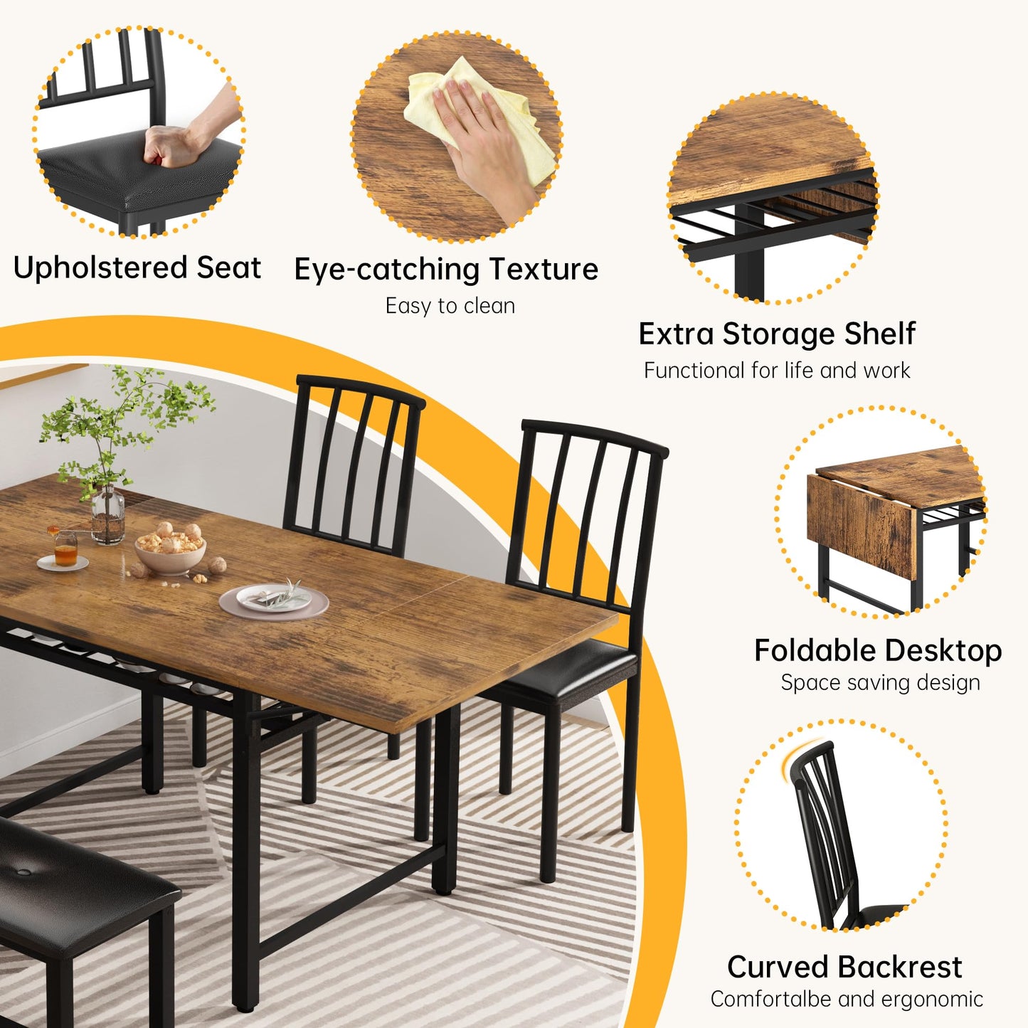AWQM Industrial Wood 4-Piece Faux Wood Folding Leaf Dining Table Set with Storage Rack
