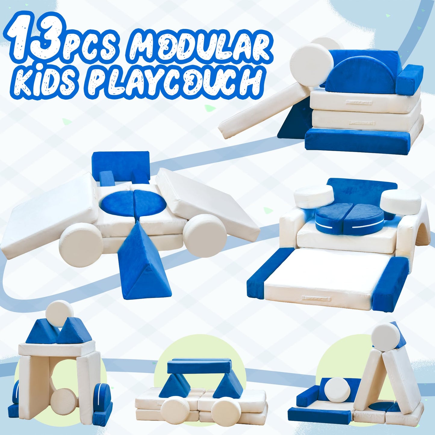 AWQM 13 Piece Modular Kids Play Sofa, Kids Sofa with Washable Velvet Cover