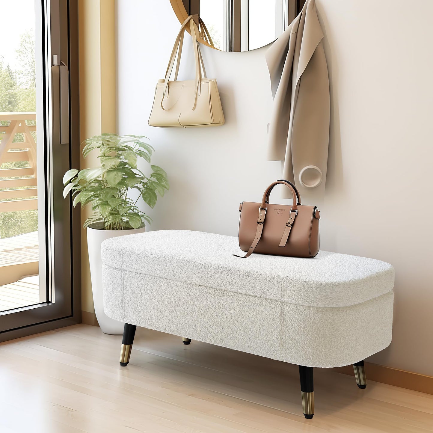 AWQM Upholstered Storage Ottoman Metal Feet Faux Leather Entryway