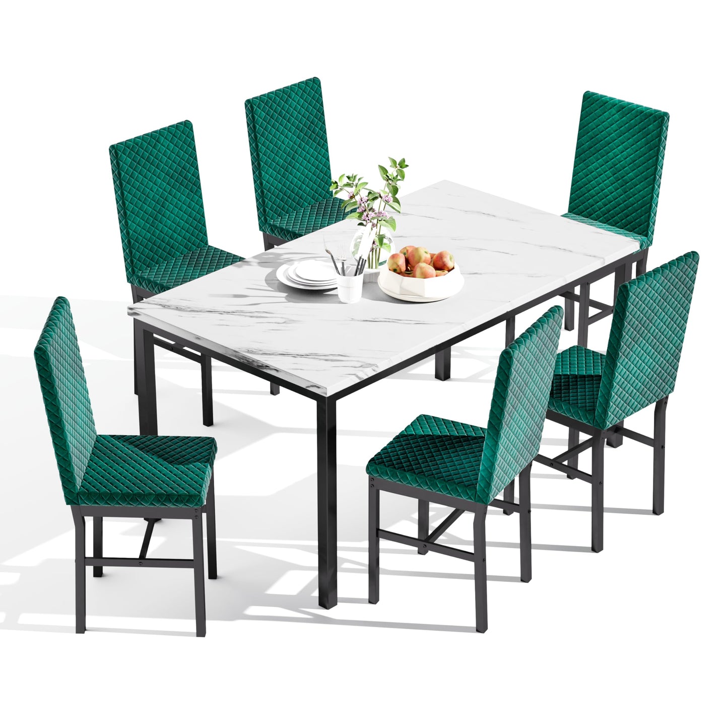 AWQM Modern Marble Kitchen Dining Table and Chairs 6 Person Dining Velvet Stools