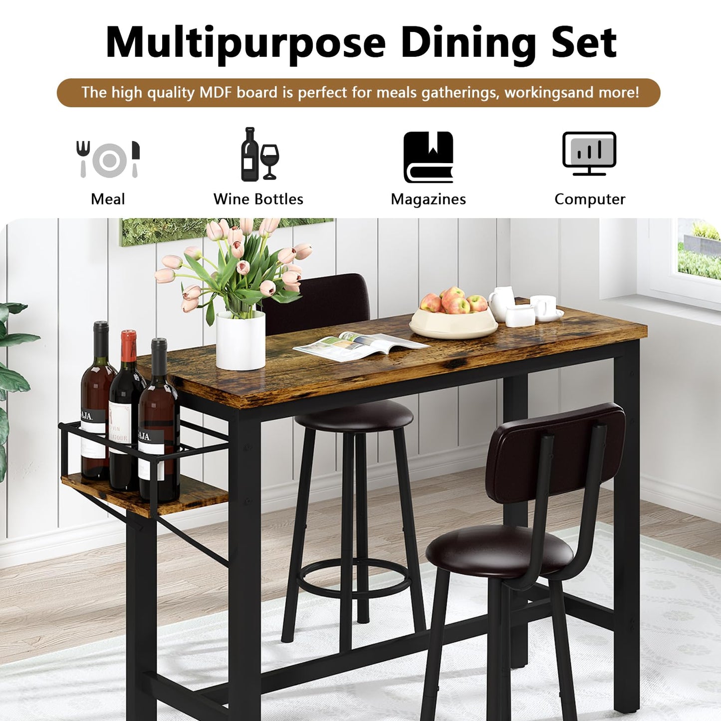 AWQM 2 Person Dining Table Set, Small Kitchen Table Set, Bar Table and Chairs Set of 3