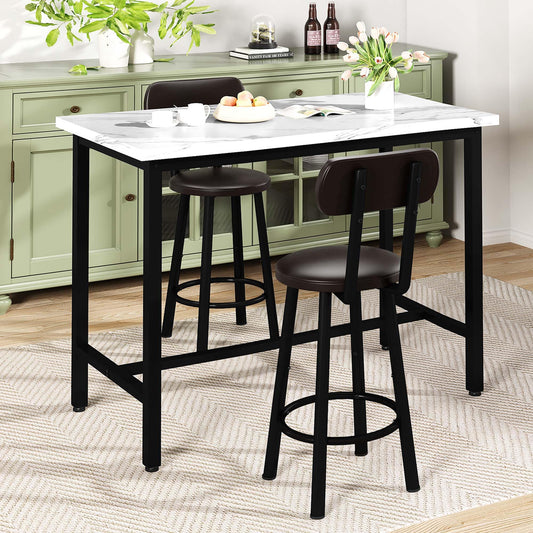 AWQM, 47-Inch Rectangular Kitchen Marble Table and Chair Set with PU Leather Stools