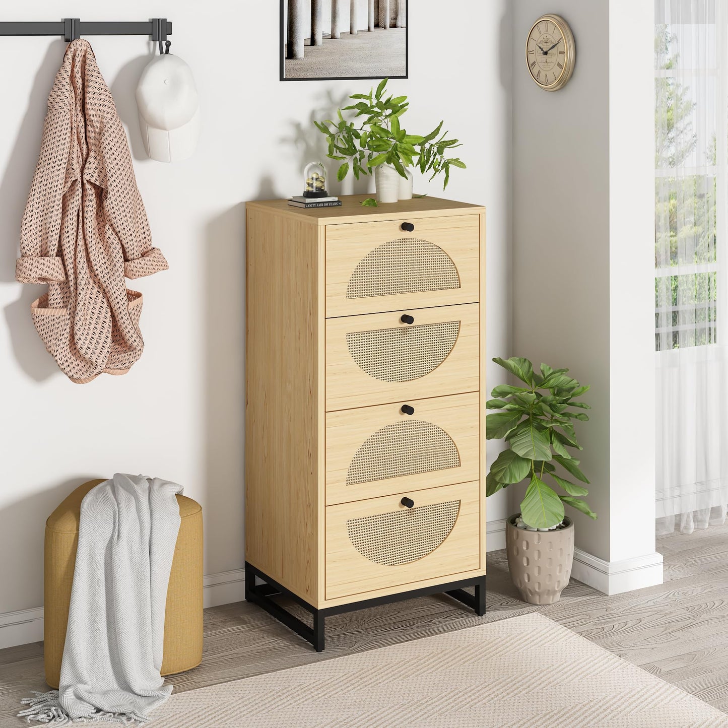 AWQM Rattan Chest, 4 Drawer Dresser, Tall Wooden Nightstand with Metal Base