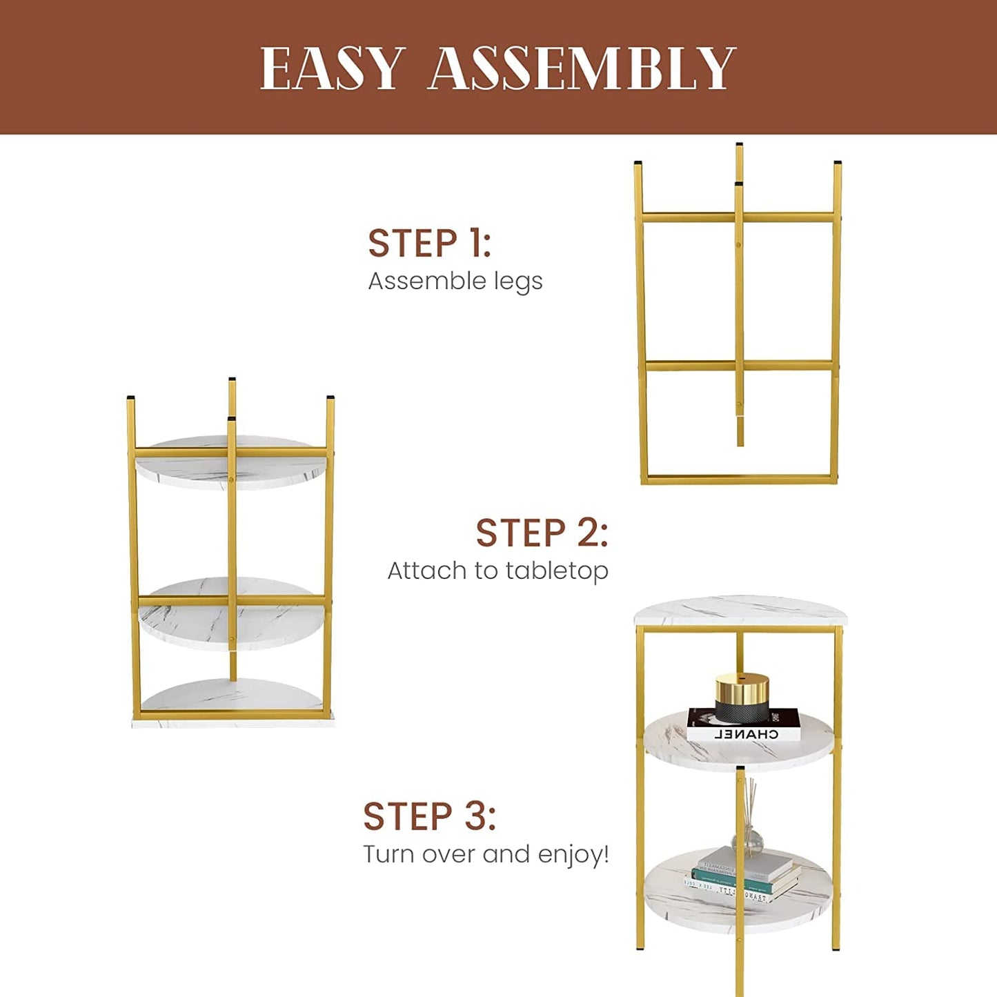 AWQM White and gold side table, 3-tier faux marble side table, small round coffee table with metal frame