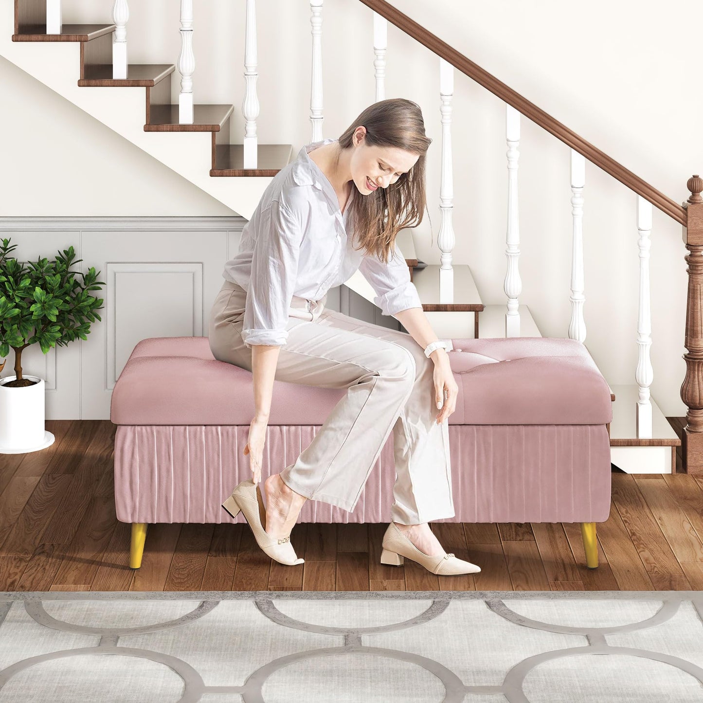 AWQM Tufted Storage Ottoman, Velvet Upholstered Storage Ottoman