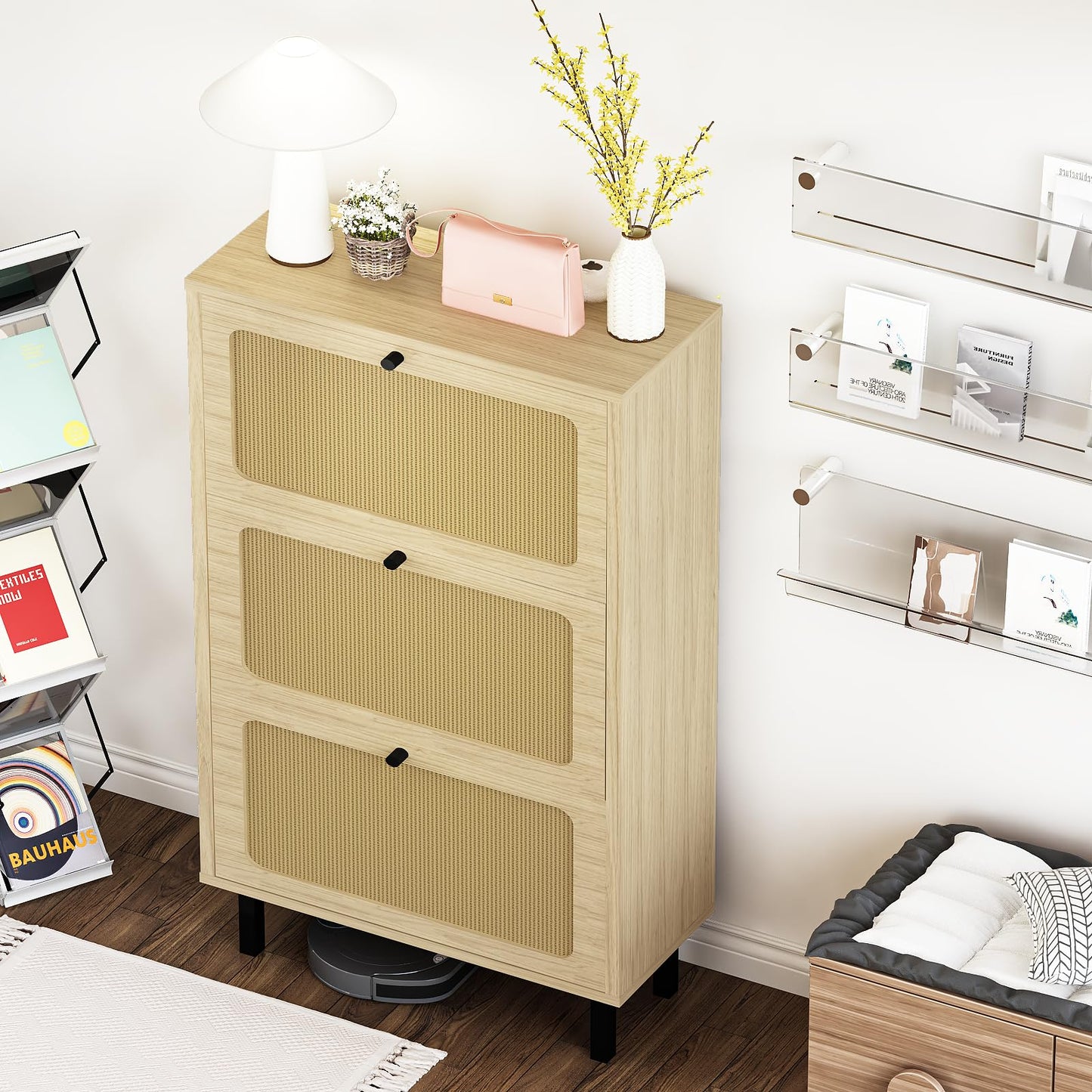 AWQM Freestanding shoe cabinet with 3 rattan flip-up drawers