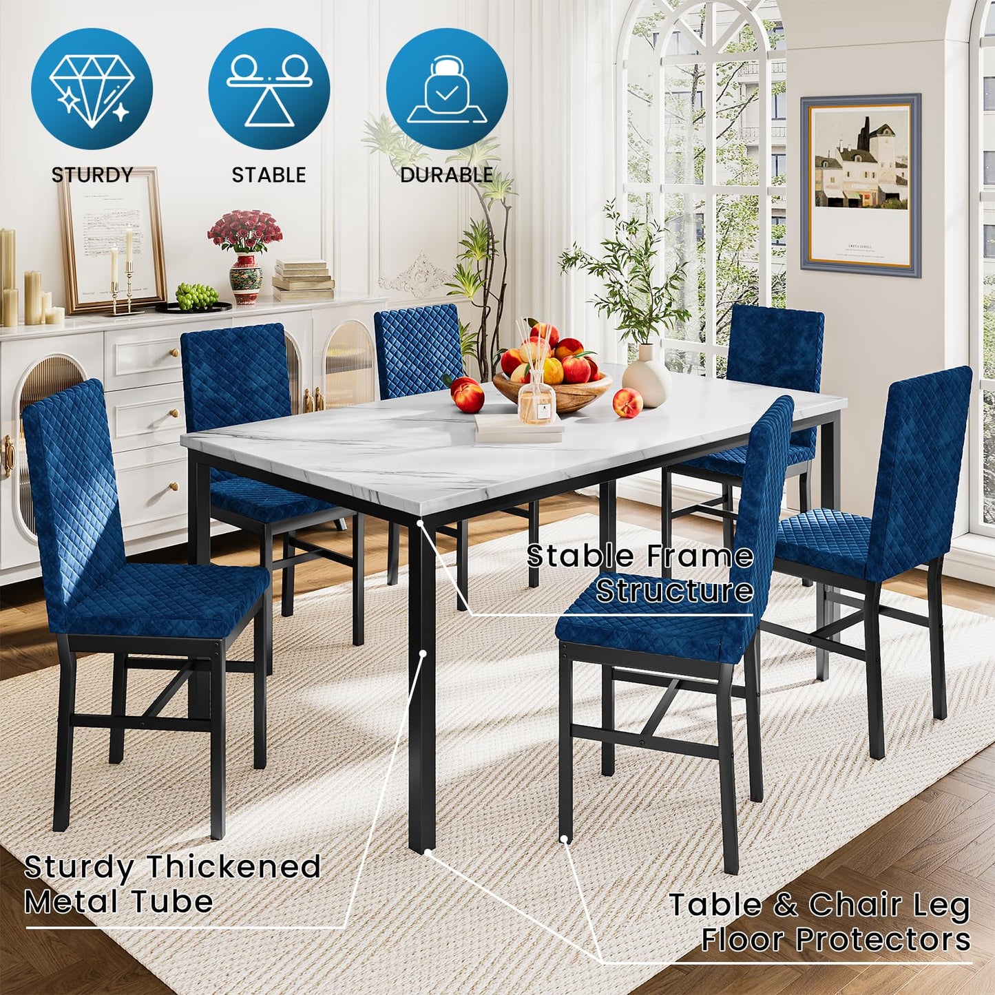 AWQM Modern Marble Kitchen Dining Table and Chairs 6 Person Dining Velvet Stools