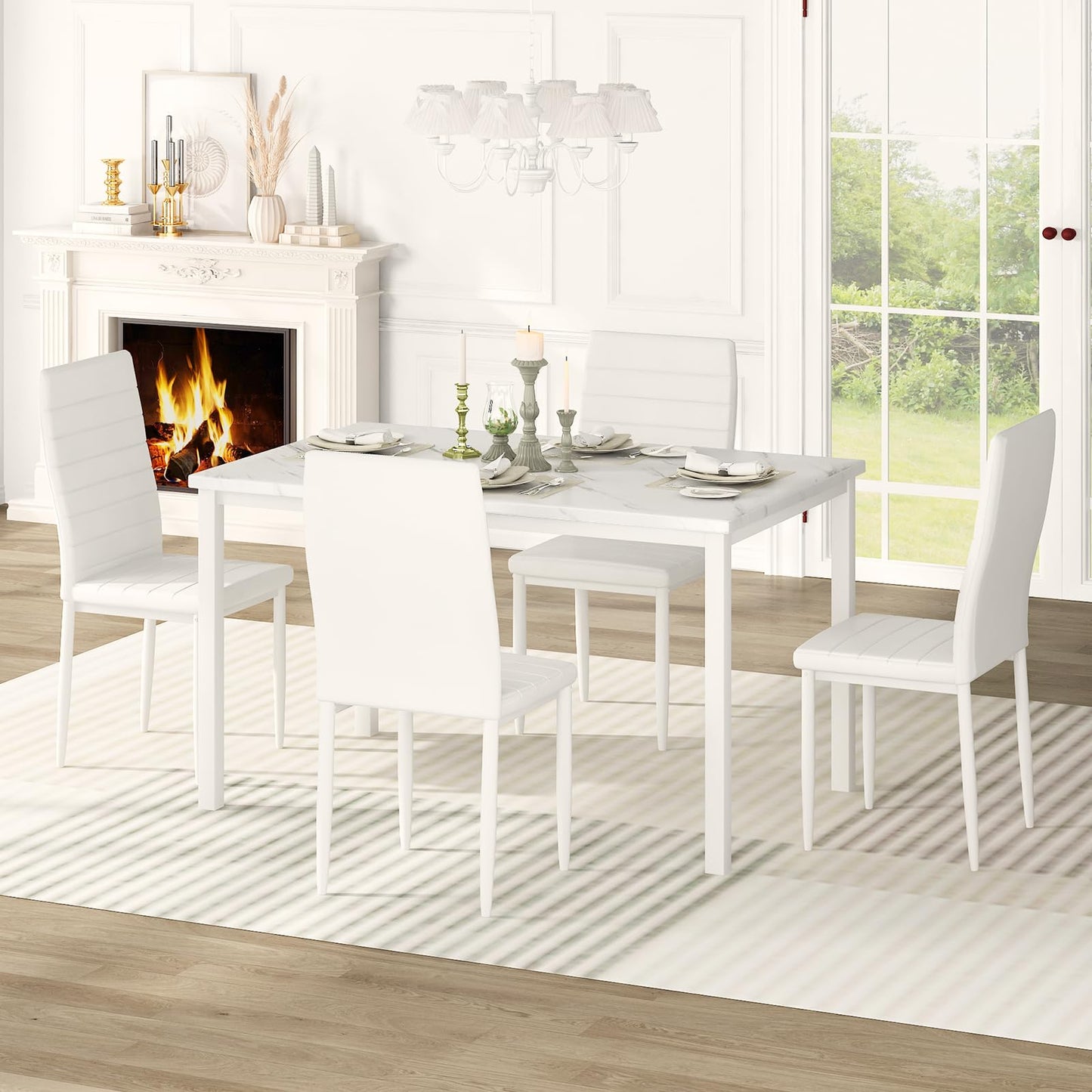 AWQM 5 Piece Set, Faux Marble 4 Person Dining Table and Chairs