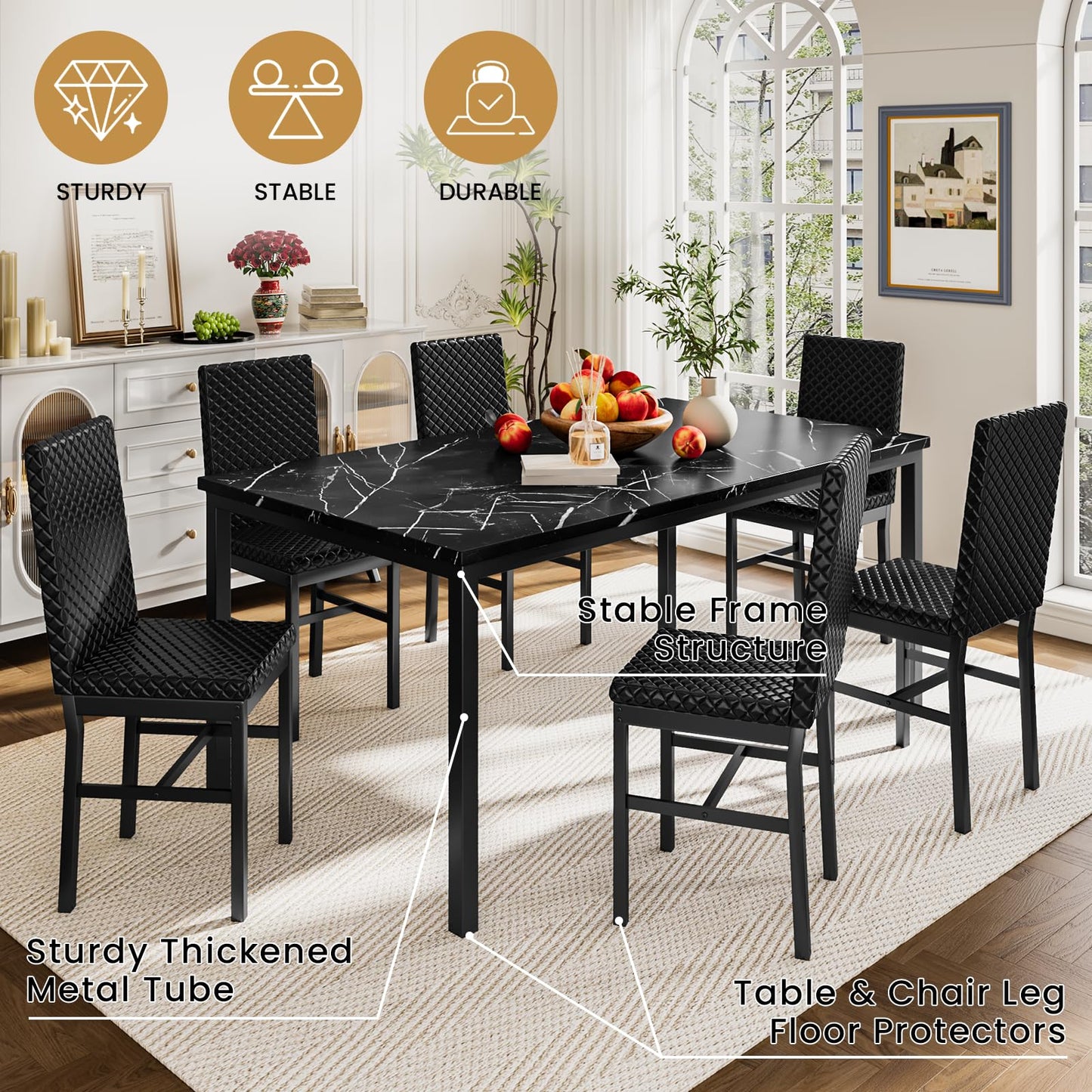 AWQM Modern Marble Kitchen Dining Table and Chairs 6 Person Dining Velvet Stools