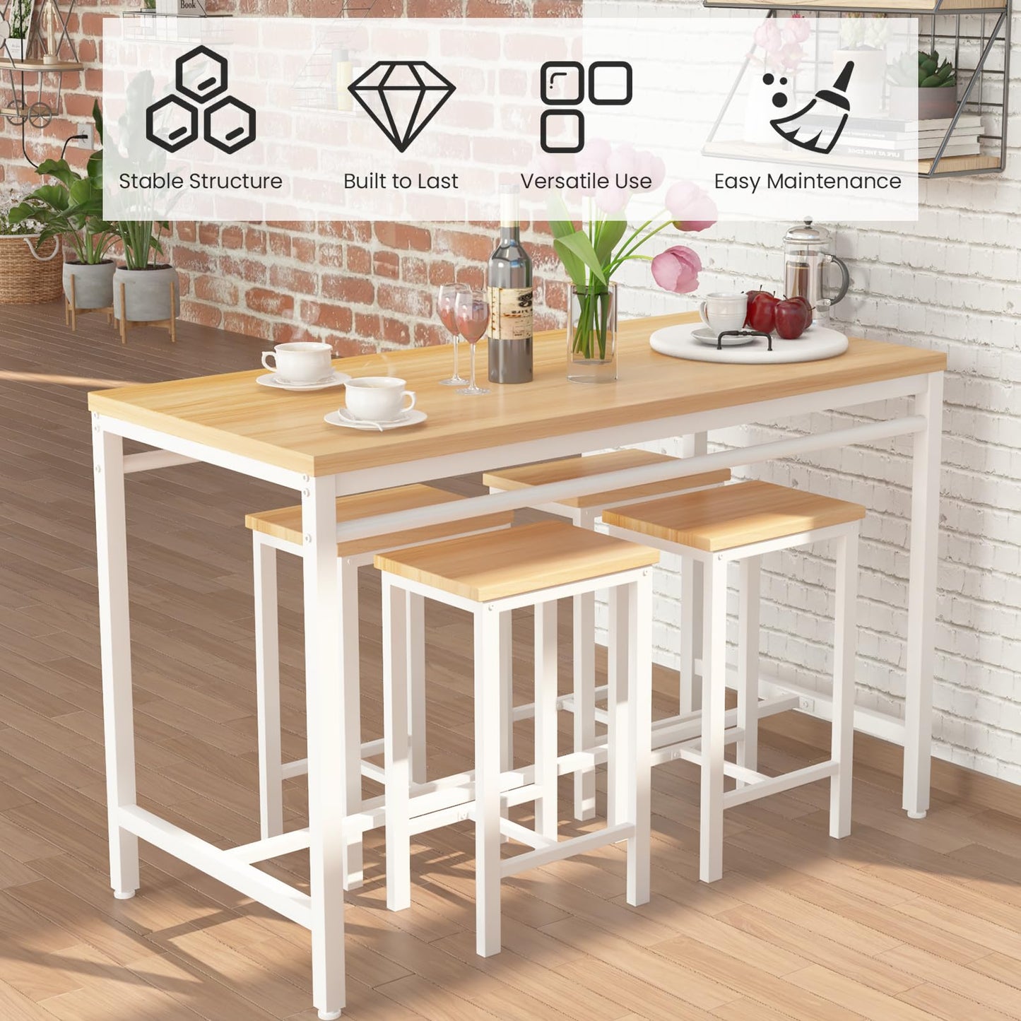 AWQM Industrial High Bar Table and Chair Set 5 Piece Dining Table for 4 Persons